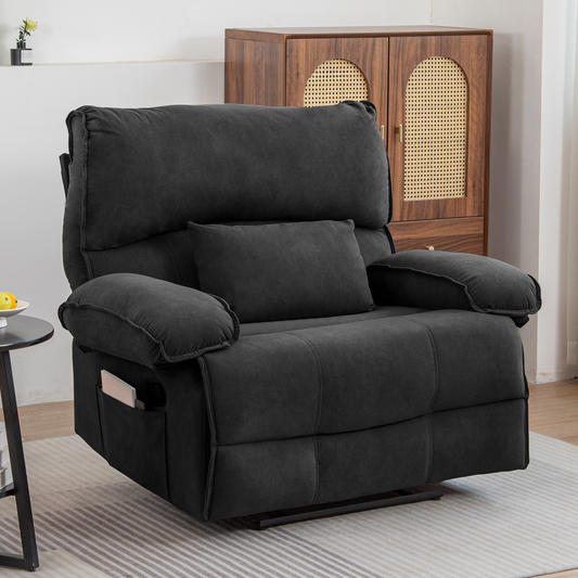 Comfortable dark gray fabric recliner chair with lumbar pillow