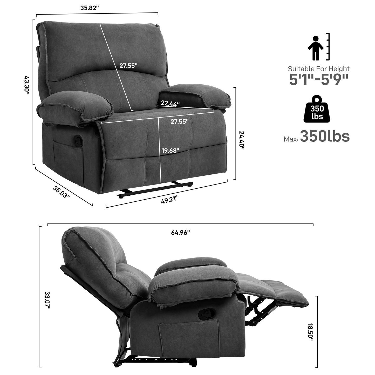 Dark gray recliner chair with plush cushioning