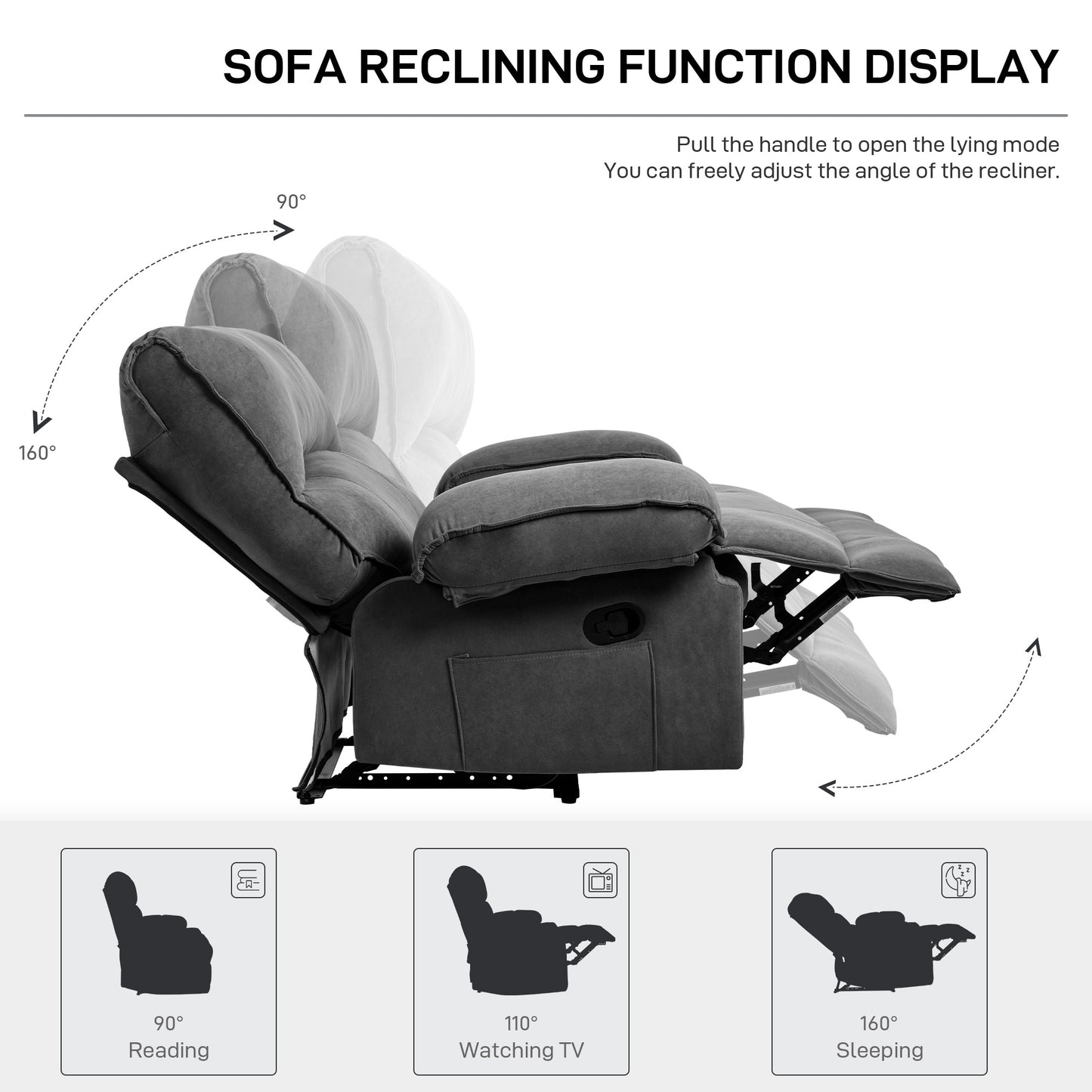 Gray fabric reclining sofa shown at  upright position for reading