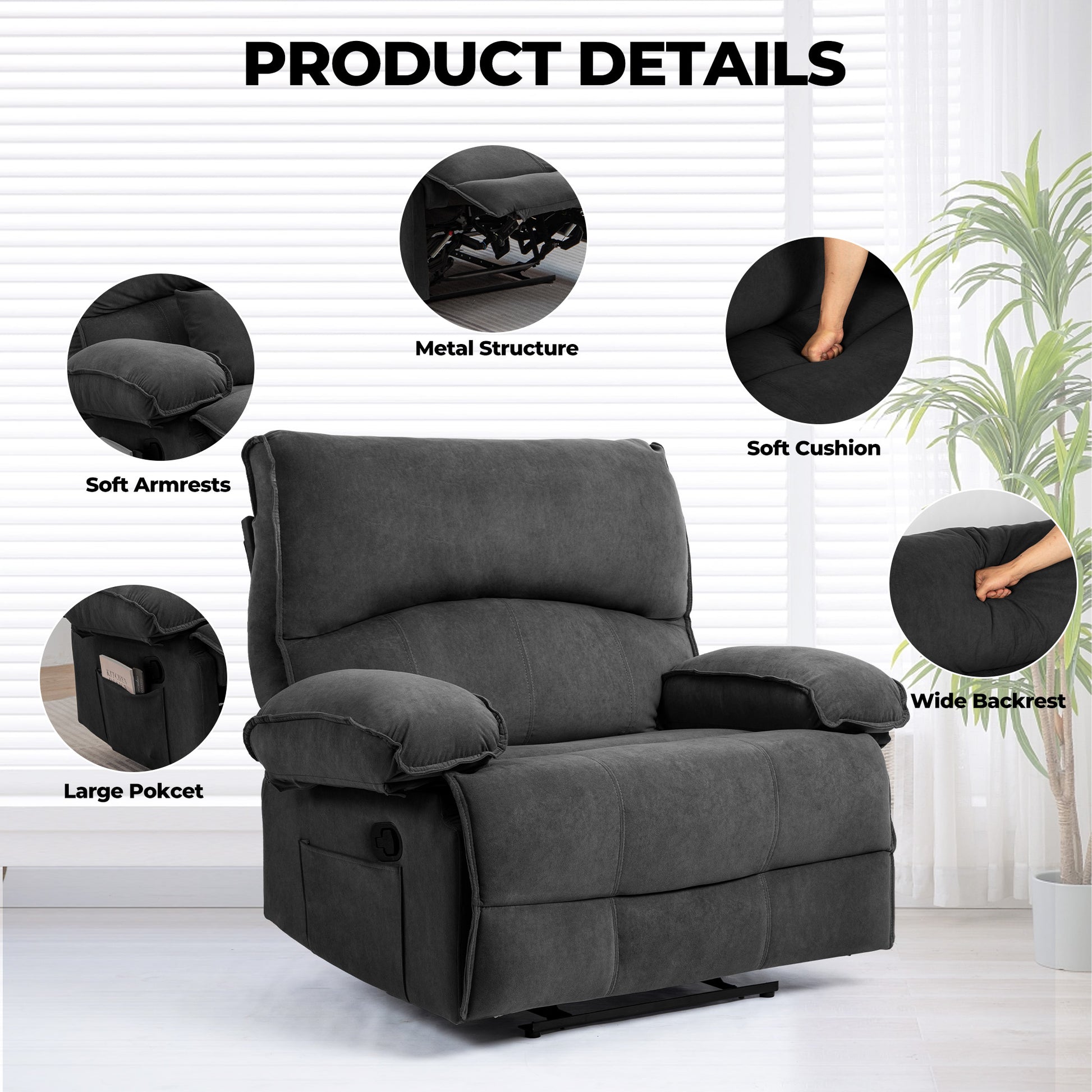 Dark gray recliner chair with soft armrests and plush cushioning