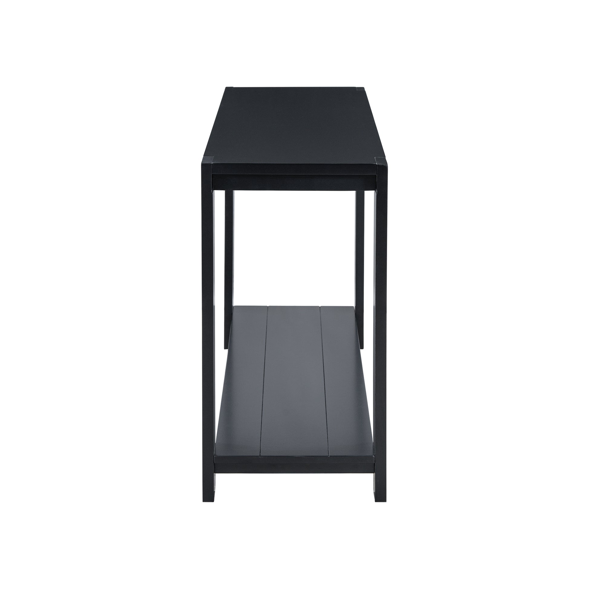 Sleek black metal console table with a lower shelf for storage and display
