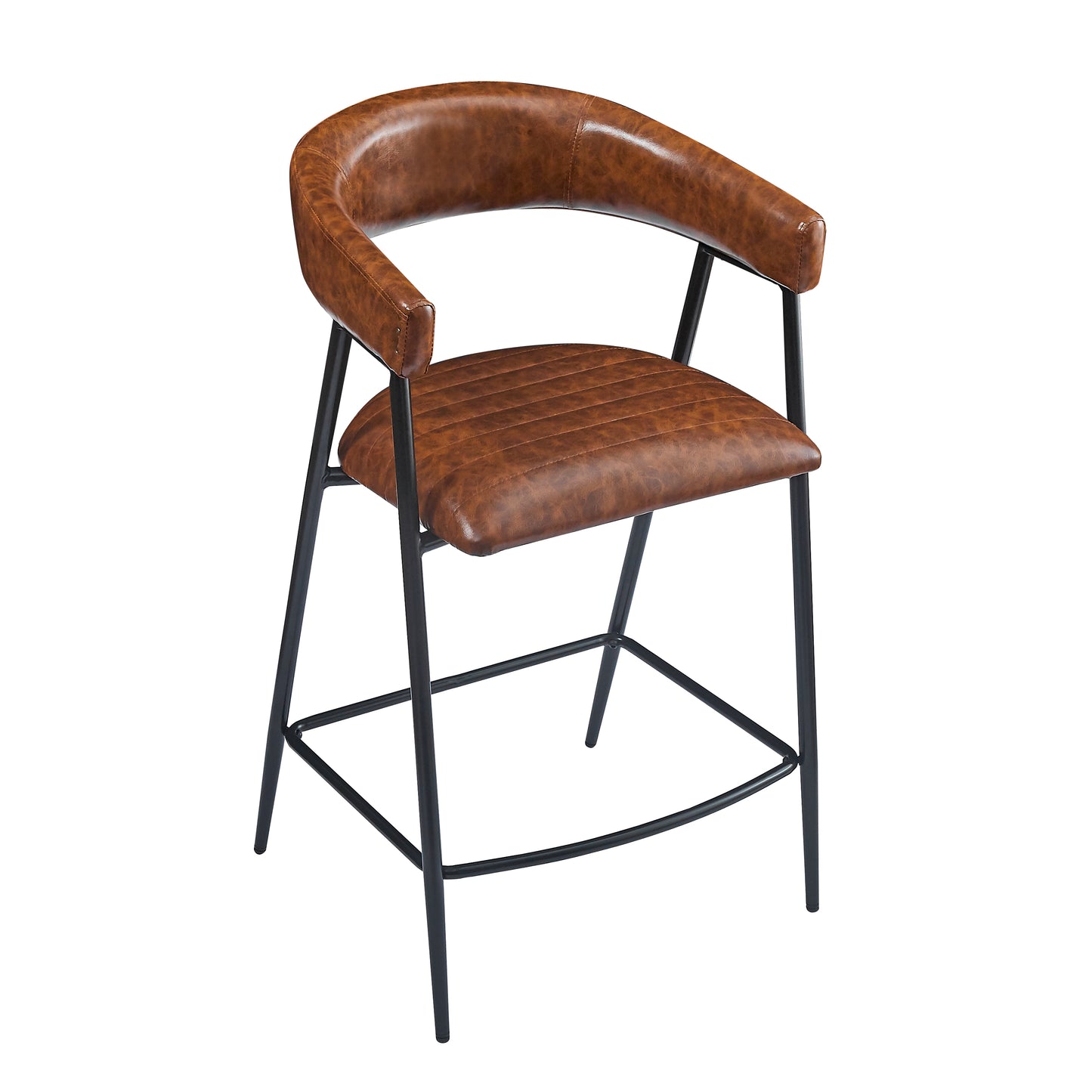 Brown leather bar stool with quilted seat and black metal frame