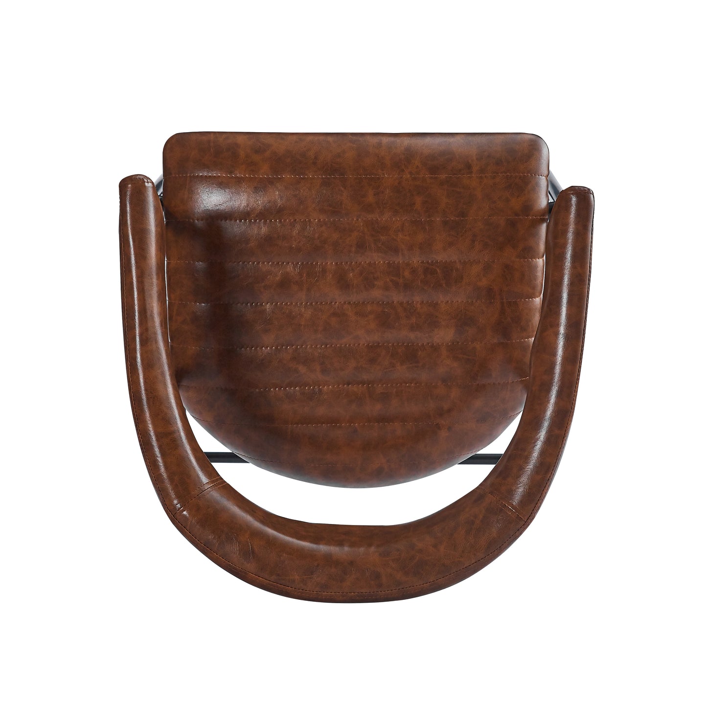 Brown faux leather accent chair with tufted seat and curved armrests