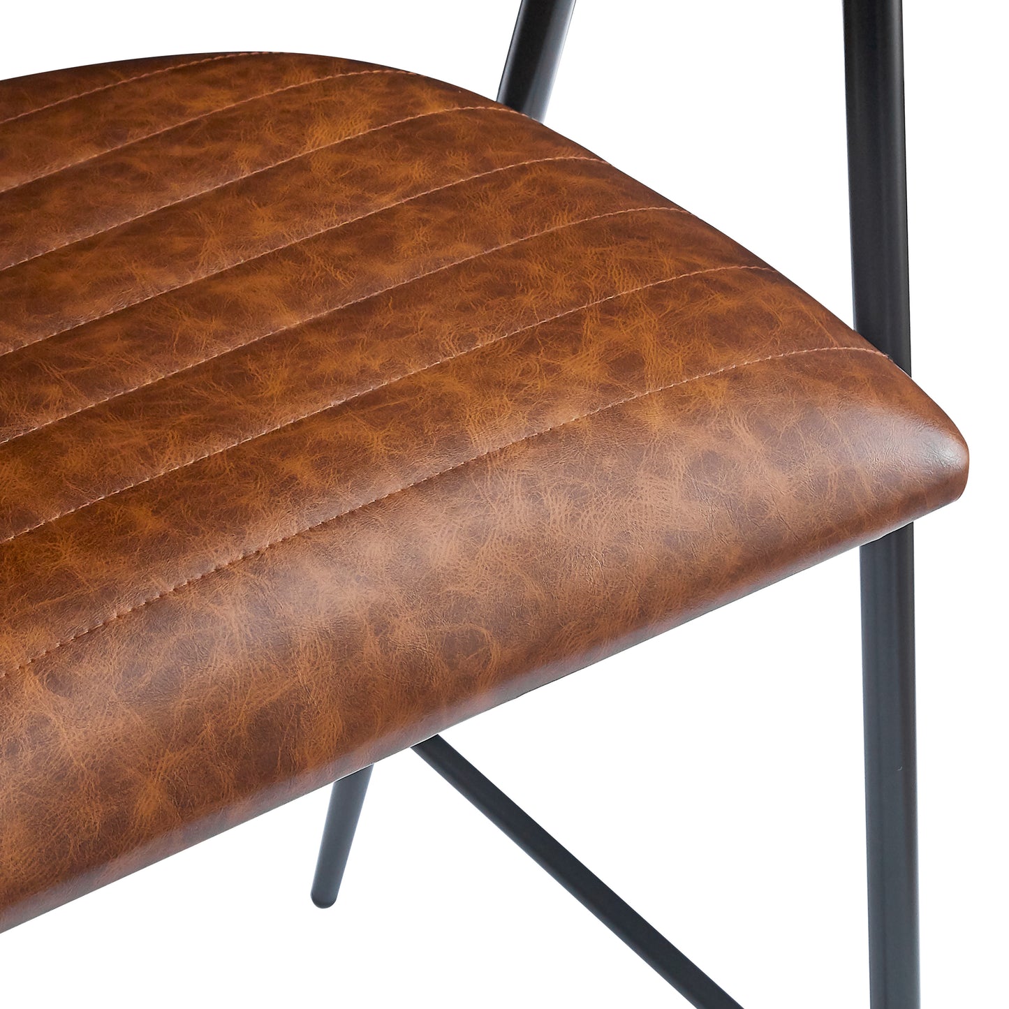 Brown faux leather tufted seat on black metal chair