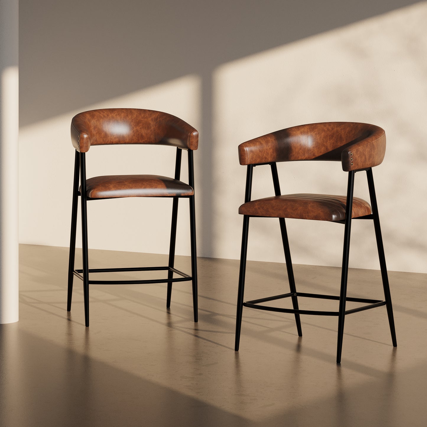 Brown leather bar stool with curved back and black metal legs