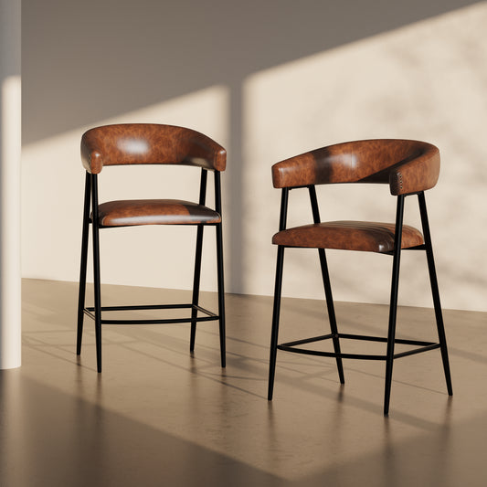 Brown leather bar stool with curved back and black metal legs