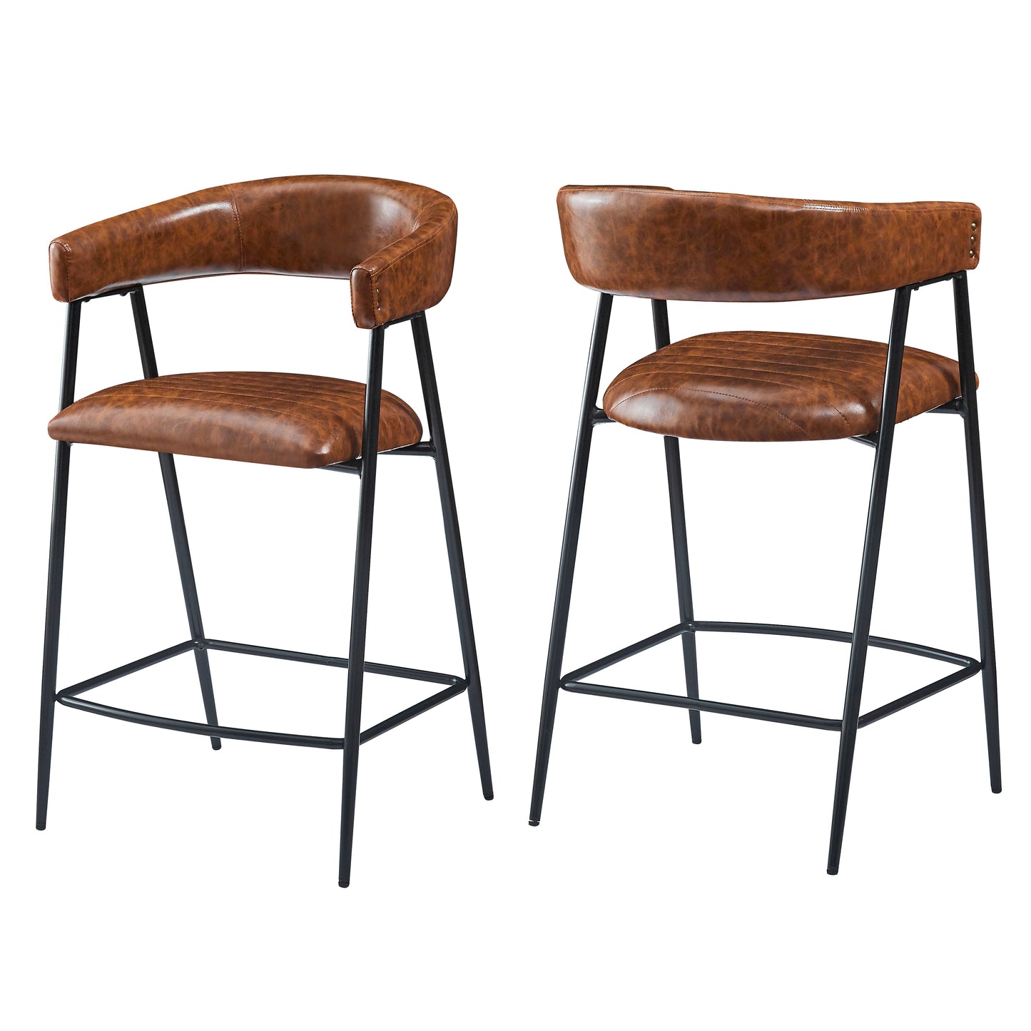 Brown faux leather bar stool with black metal legs and arms