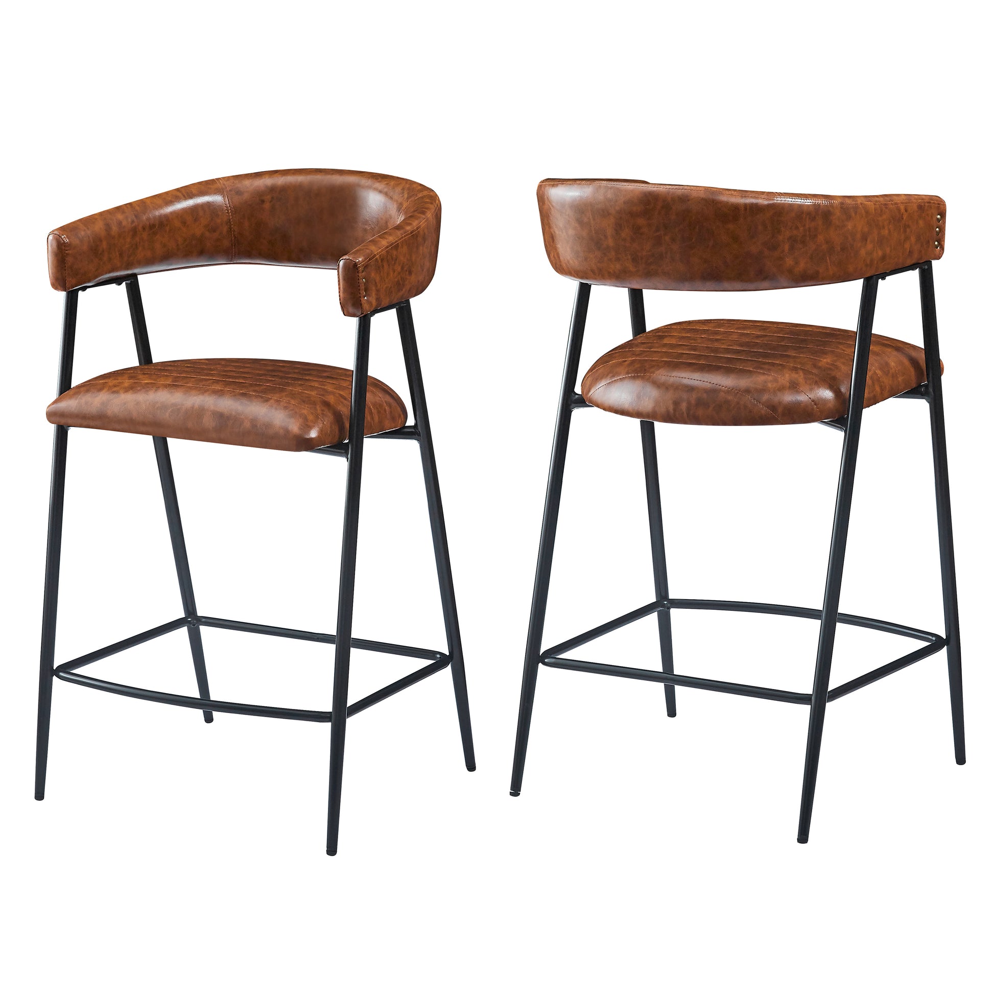 Brown faux leather bar stool with black metal legs and arms