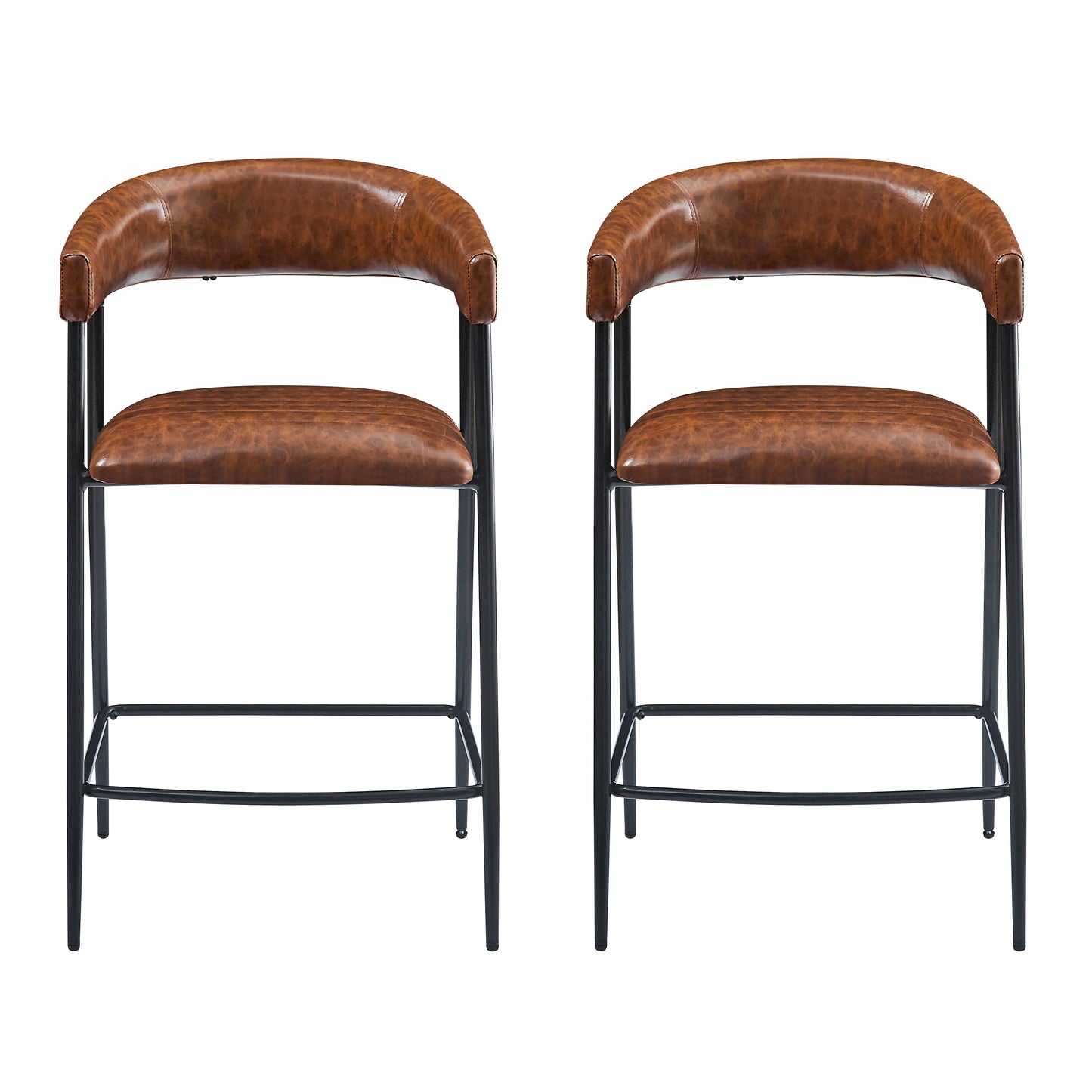 Two distressed brown faux leather bar stools with black metal frames and curved backs