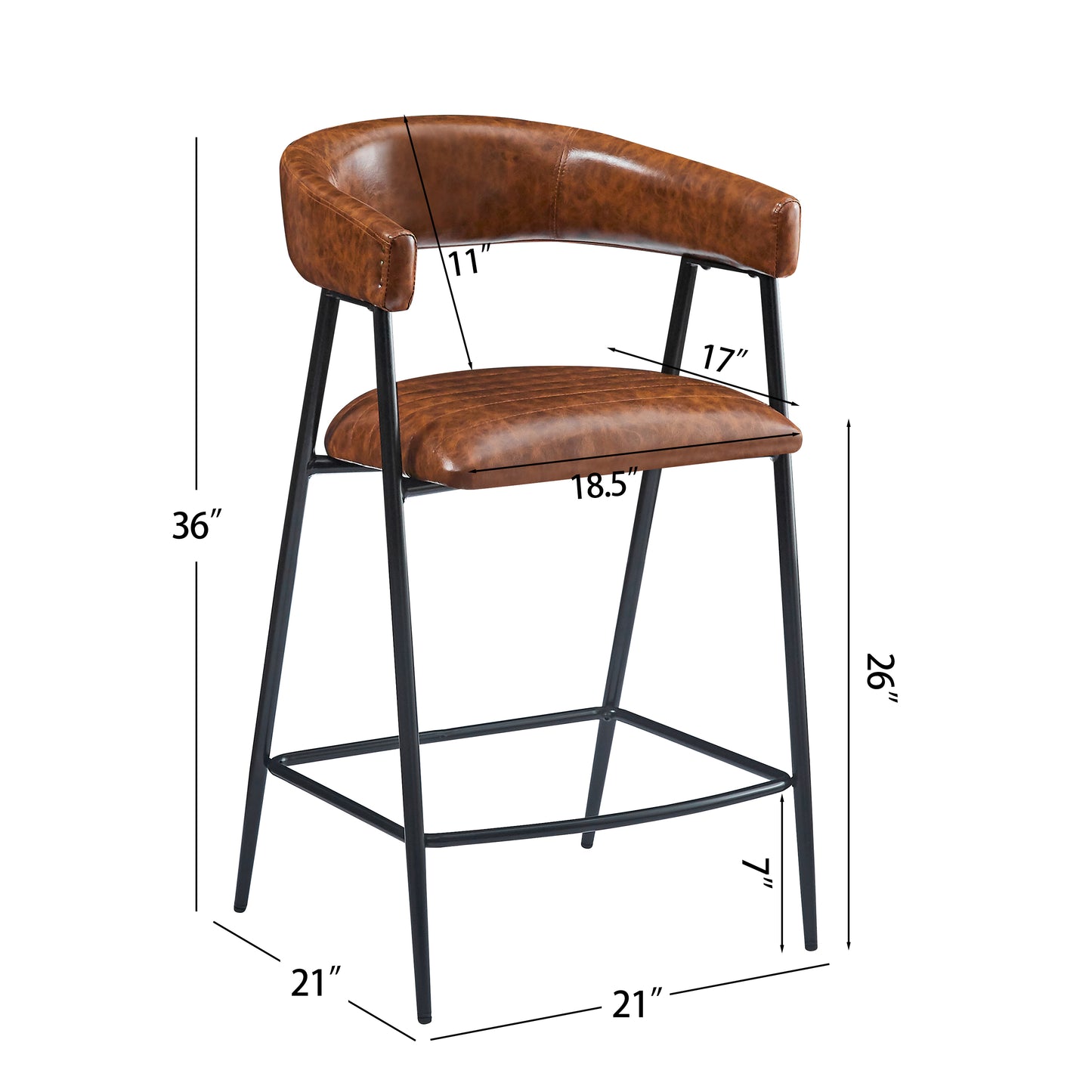 Vintage brown leatherette bar stool with black metal legs and curved back