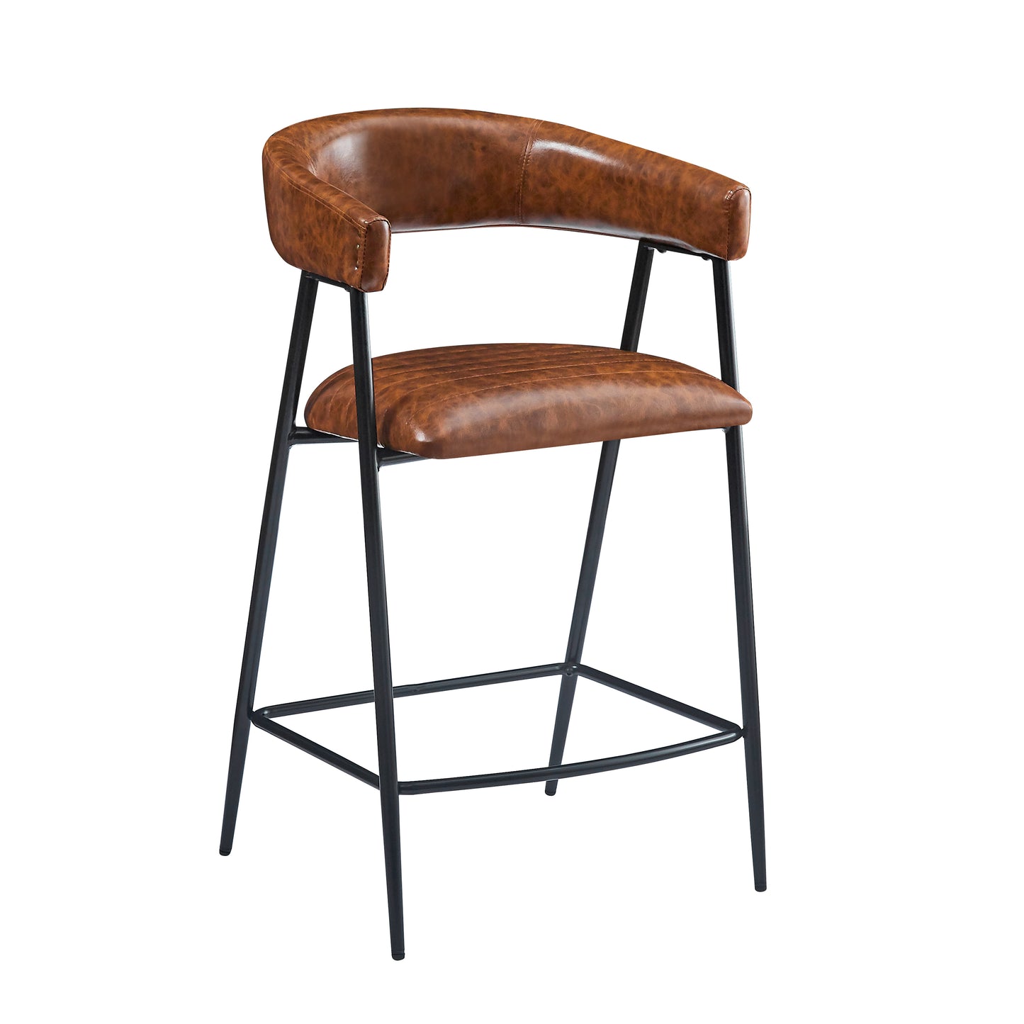Tan faux leather bar stool with black metal legs and a cushioned seat