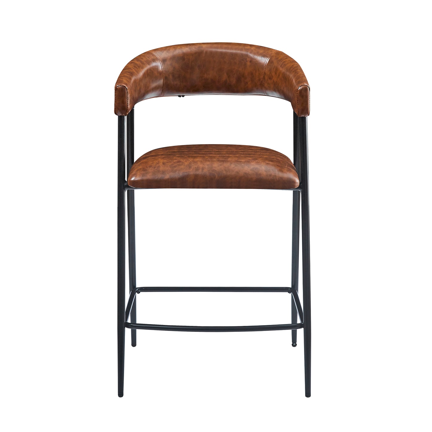 Brown faux leather bar stool with black metal frame and curved backrest