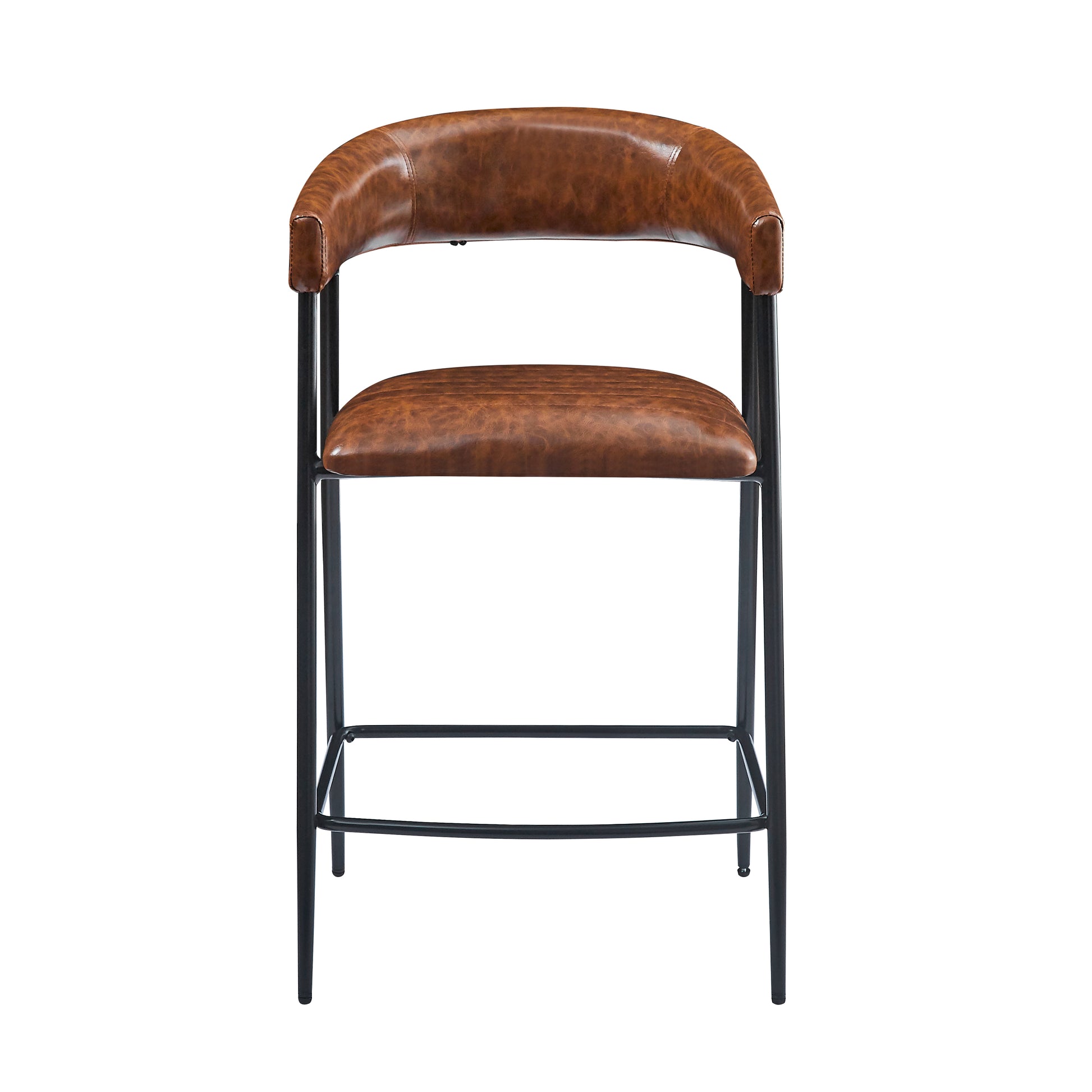 Brown faux leather bar stool with black metal frame and curved backrest
