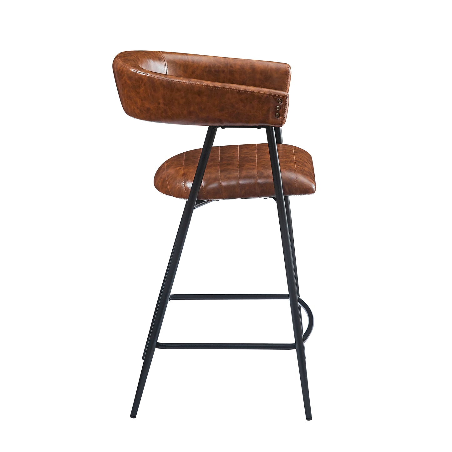 Brown faux leather bar stool with tufted seat and black metal legs