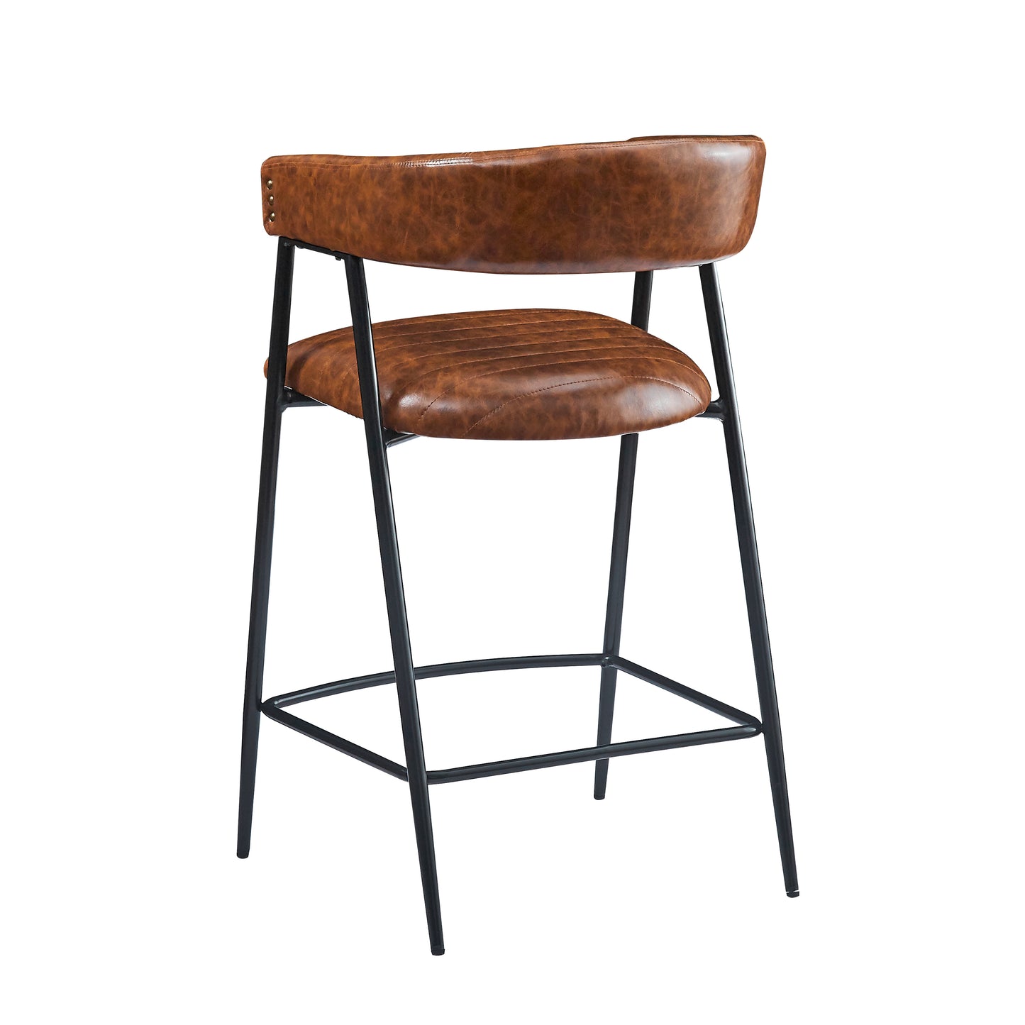 Distressed brown faux leather bar stool with black metal legs and tufted seat