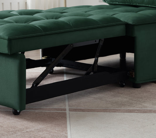 Deep green velvet sofa with tufted cushions and hidden metal mechanism for conversion