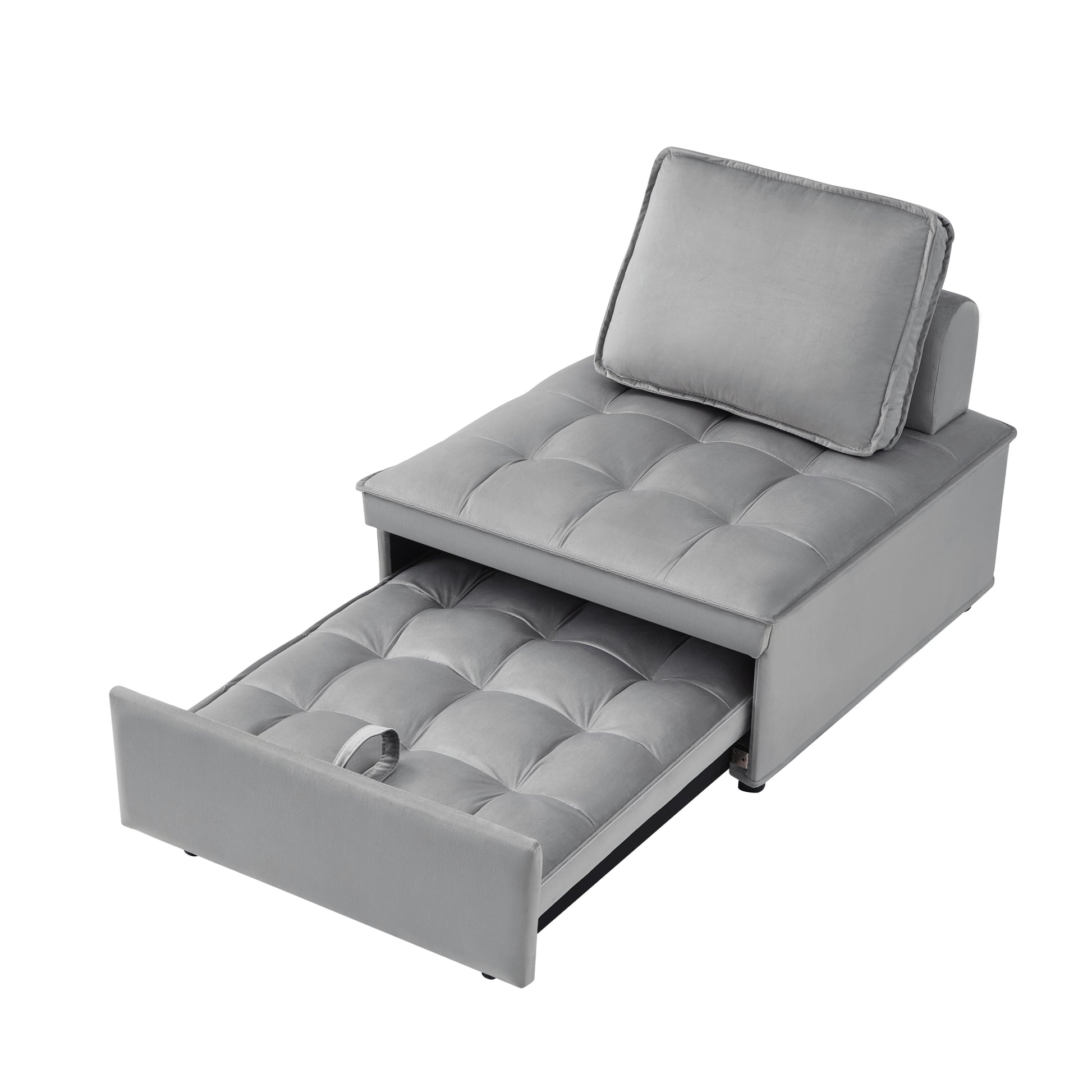 Grey velvet sofa bed with tufted cushions and pullout sleeping surface