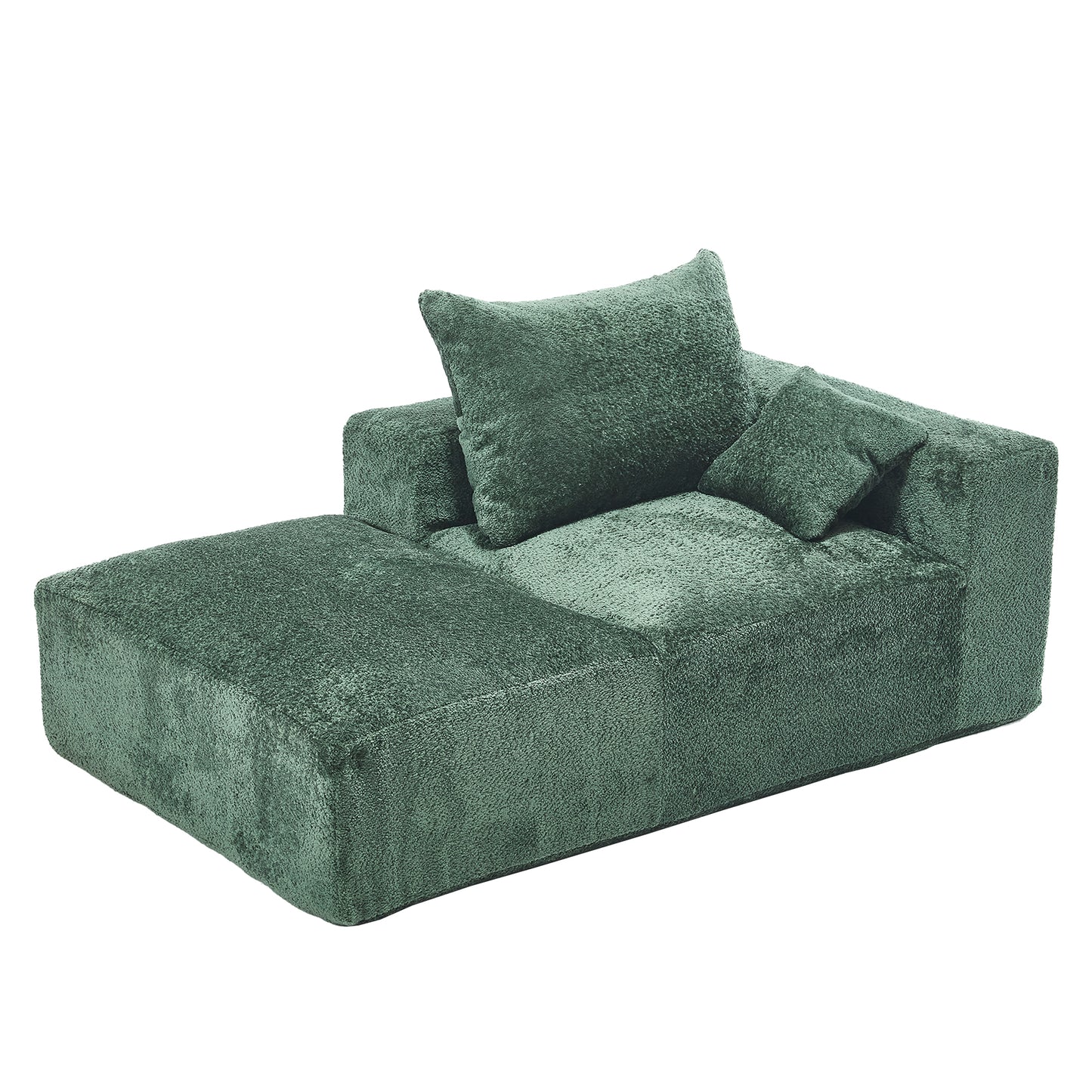 Plush green modular sectional sofa with chaise and matching pillows