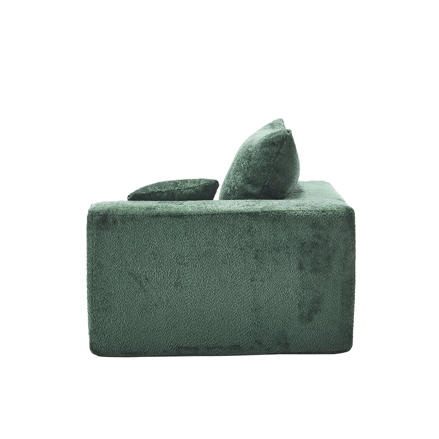 Plush green velvet armchair with modern minimalist design and lumbar pillow