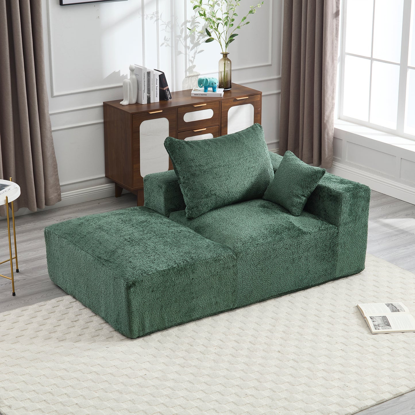 Green boucle fabric modular sofa with ottoman