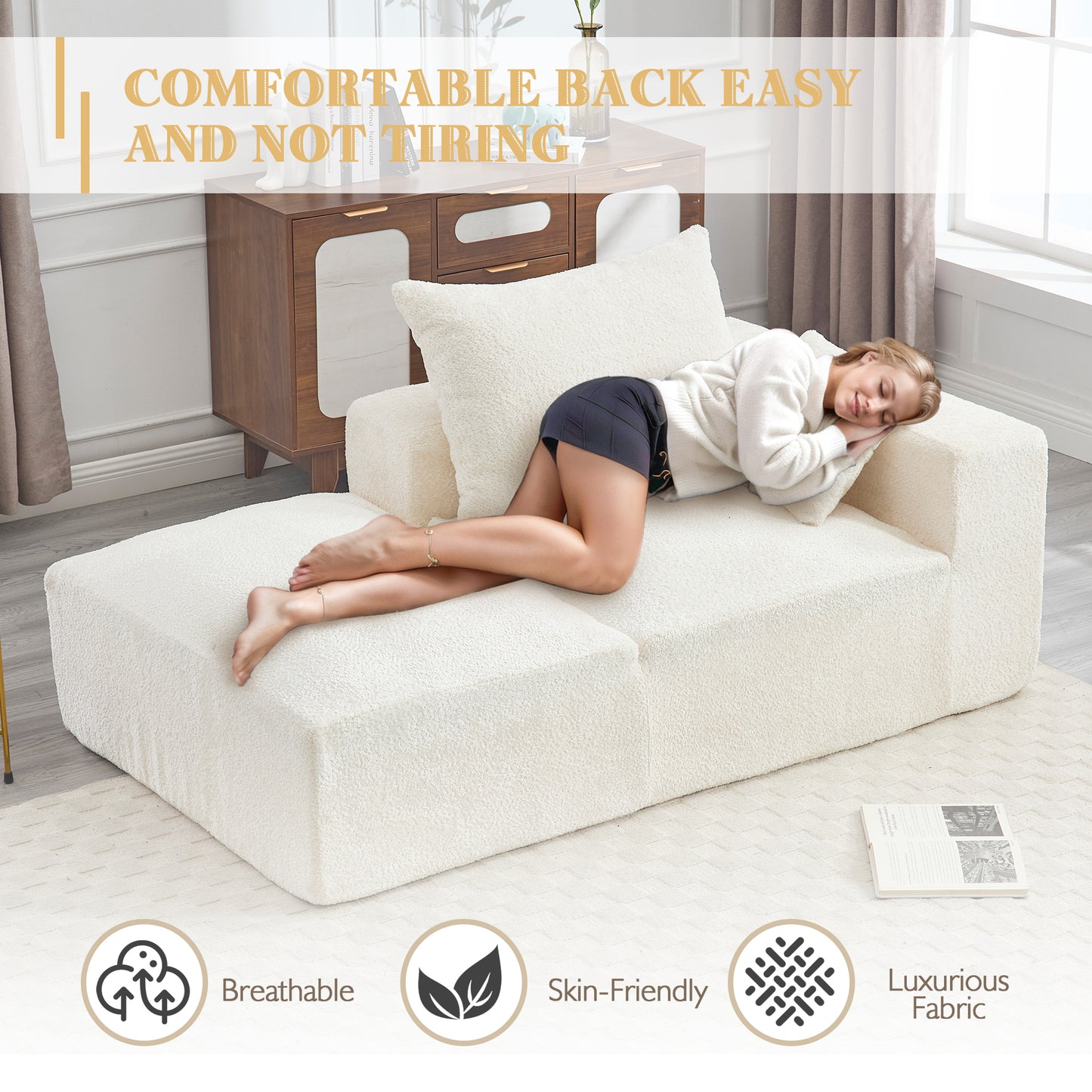 Cream boucle modular chaise lounge with plush fabric