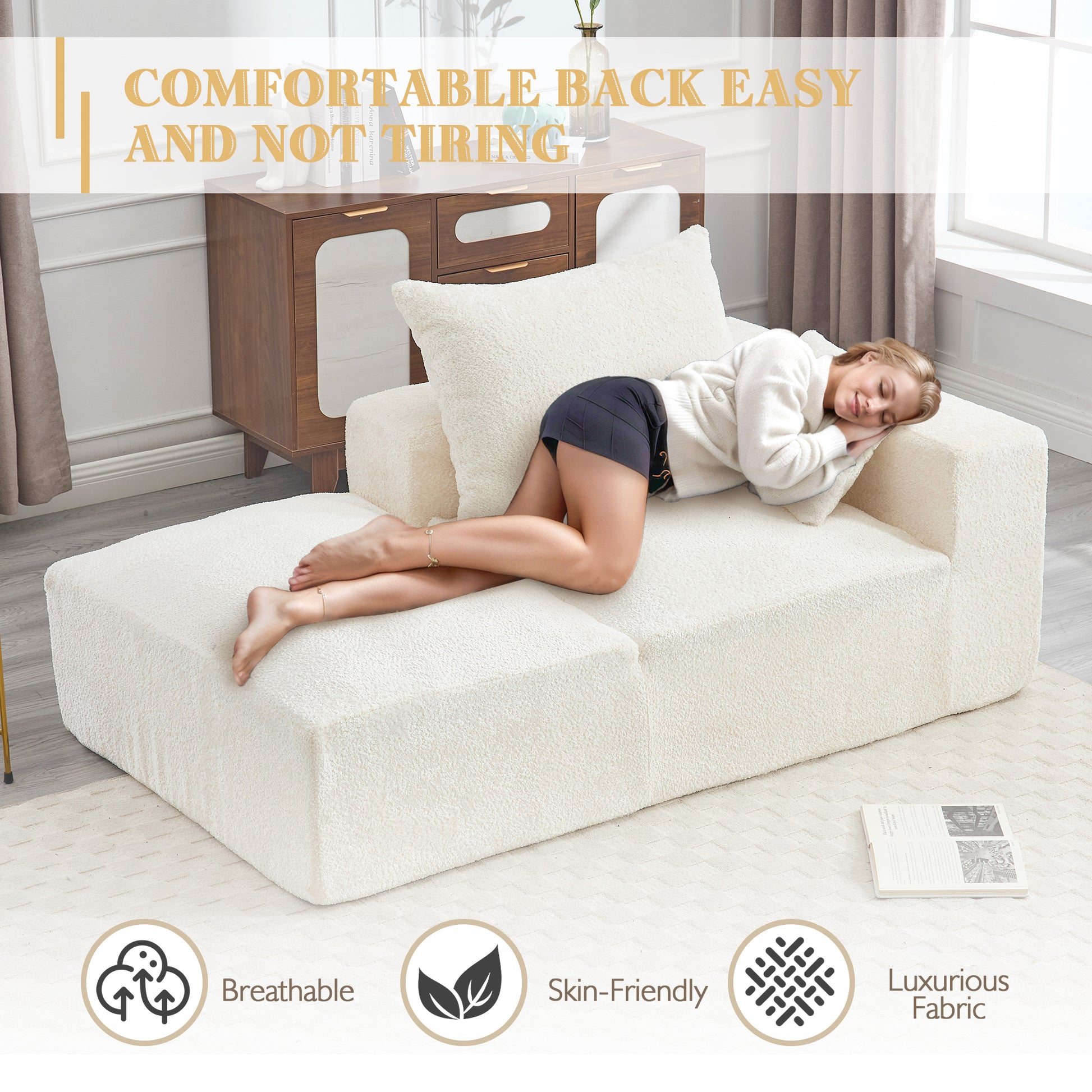 Cream boucle modular chaise lounge with plush fabric