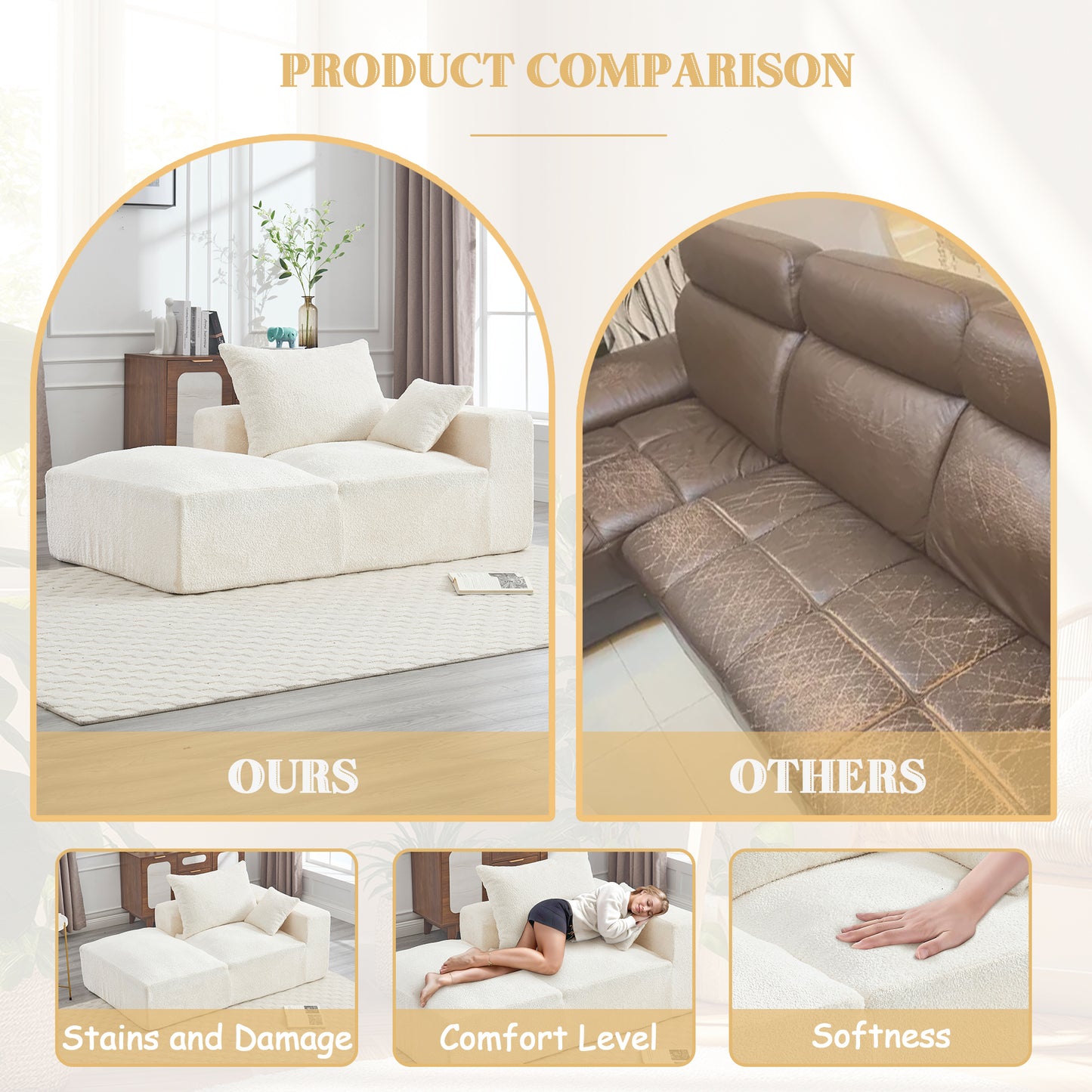 Plush cream modular sofa with ottoman and matching pillows