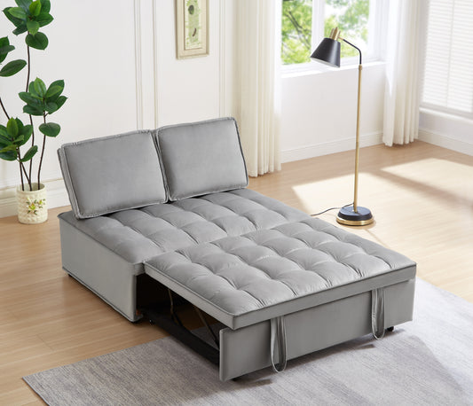 Gray velvet tufted sofa bed with pullout mattress mechanism