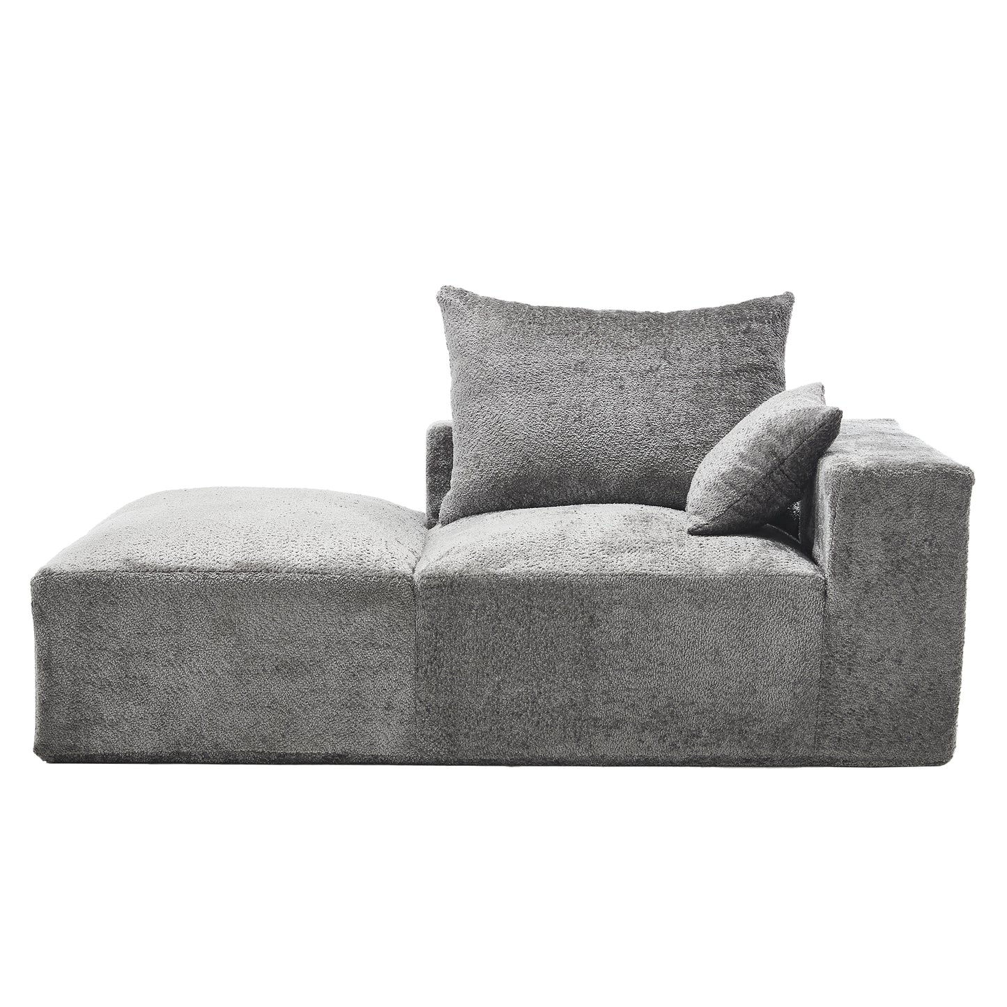 Modern grey boucl sectional sofa with chaise and accent pillows