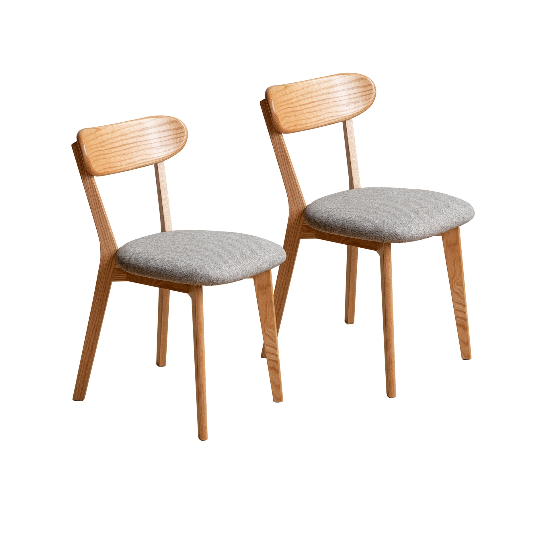 Two light wood dining chairs with grey fabric seats and curved backrests