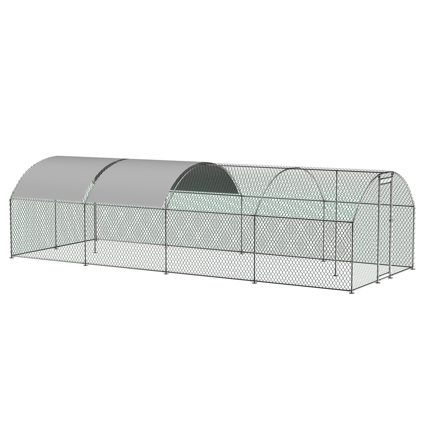 Large enclosed chicken coop with grey roof and mesh walls