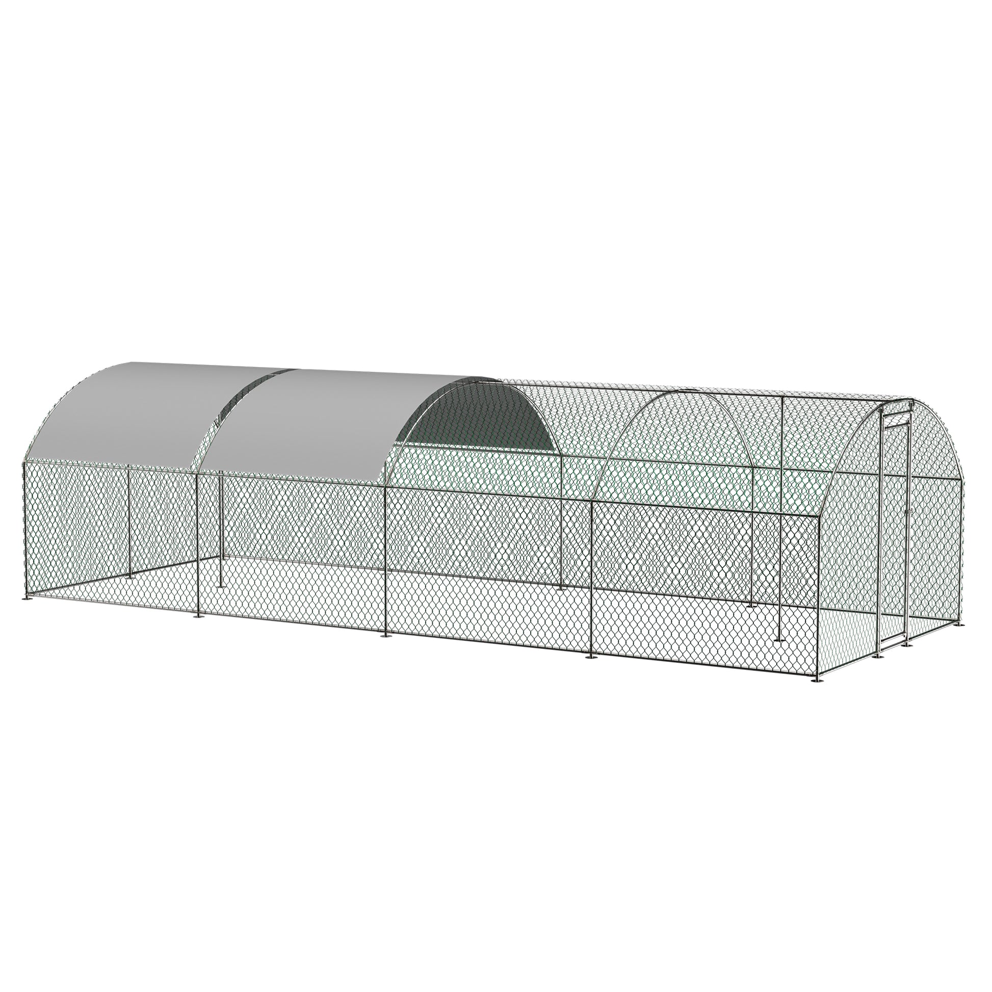 Large enclosed chicken coop with grey roof and mesh walls
