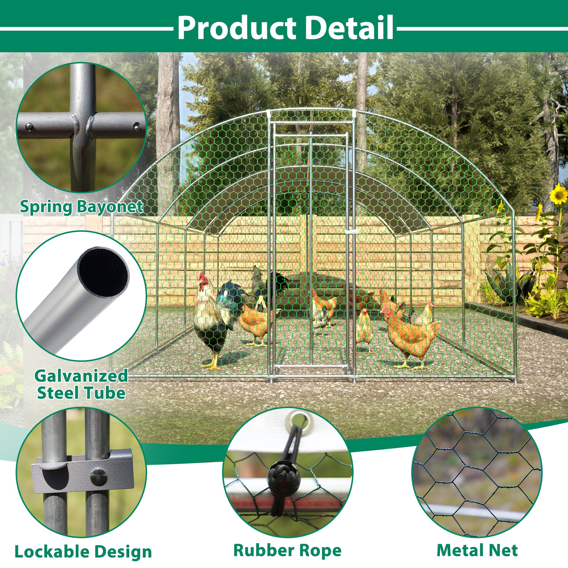 Large walkin chicken coop with galvanized steel tubes and green hexagonal metal net
