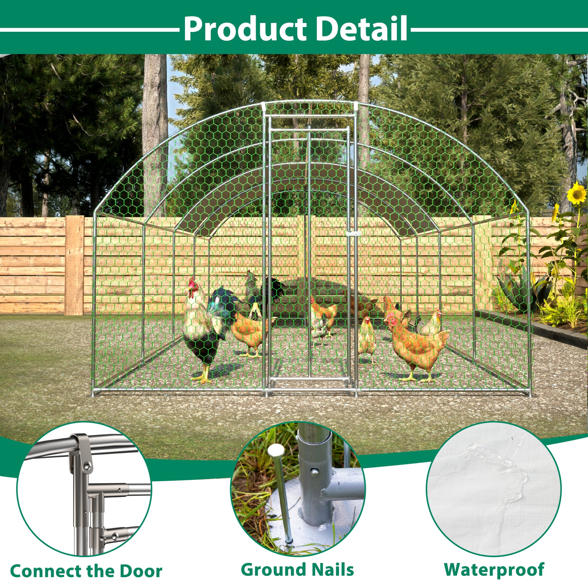Large metal chicken coop with green mesh and multiple chickens inside