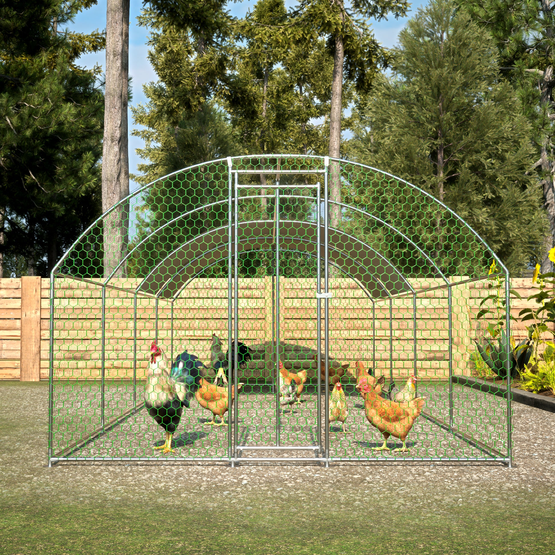 Large green chicken coop with multiple chickens visible inside