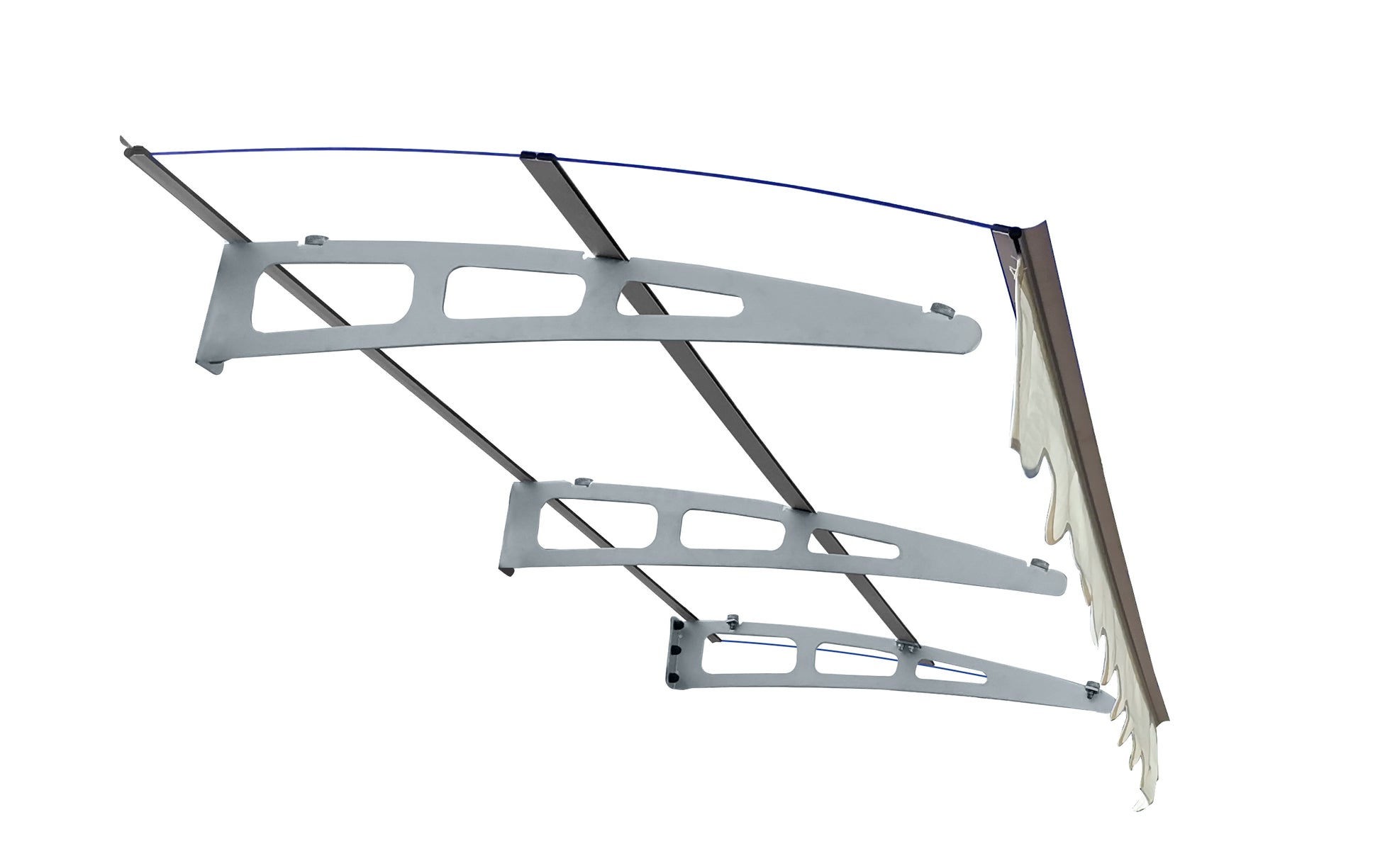 Modern metal awning brackets with a blue tension wire