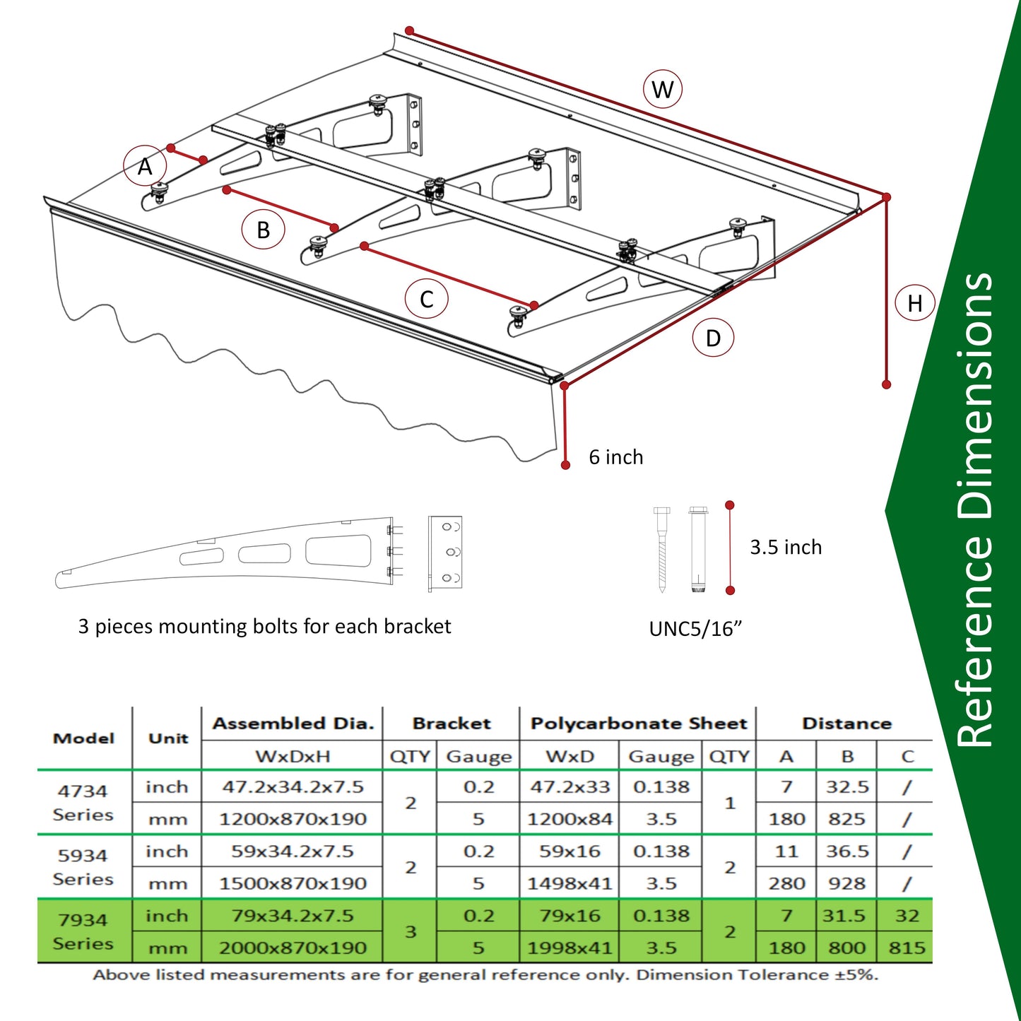 Diagram of awning bracket assembly with dimensions labeled A through H