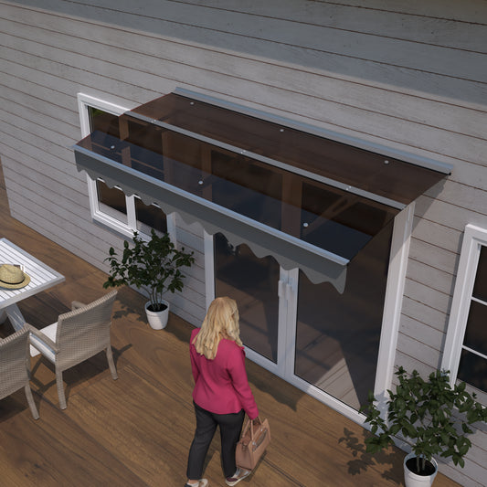 Modern brown polycarbonate door canopy with silver trim