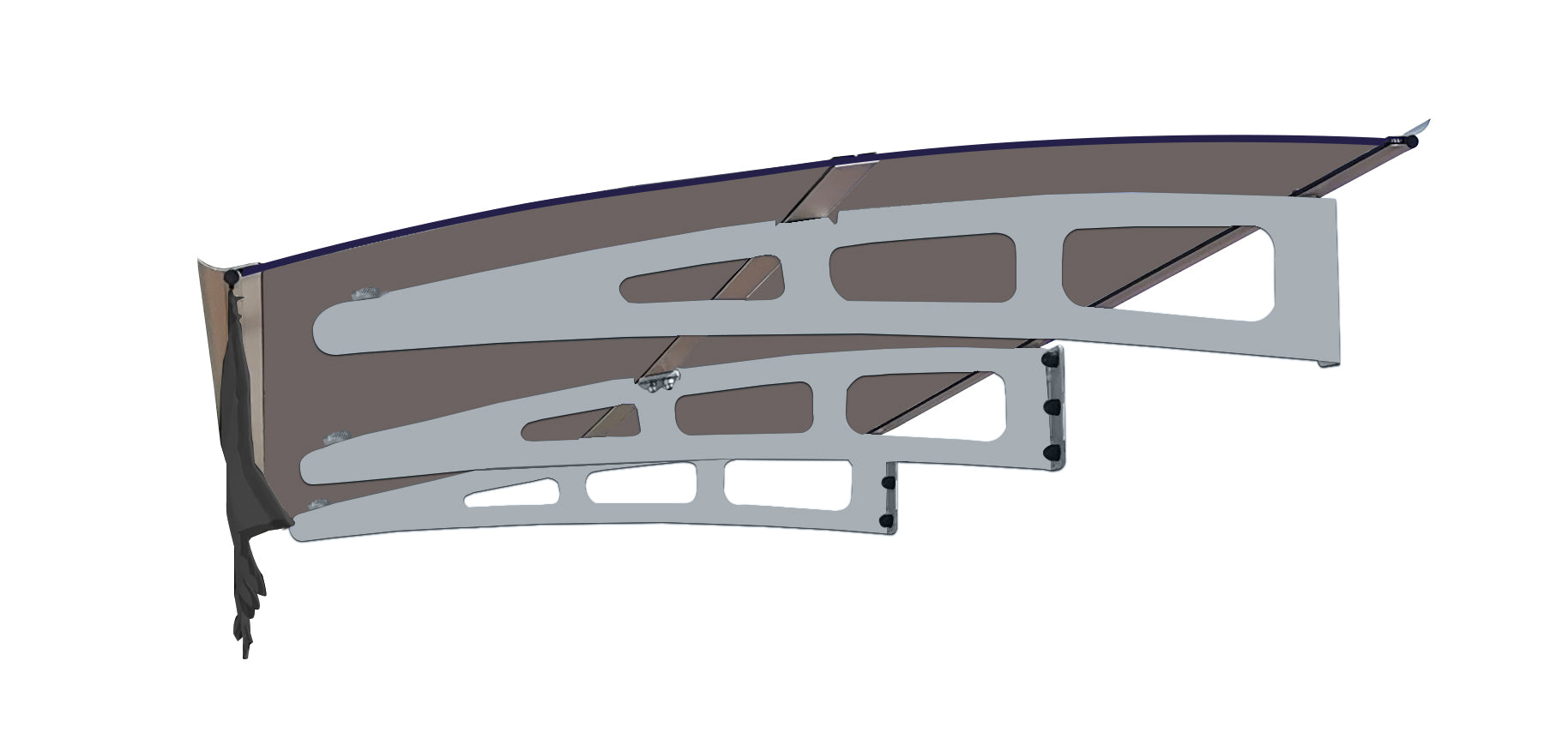 Modern door canopy with dark tinted polycarbonate and silver metal brackets