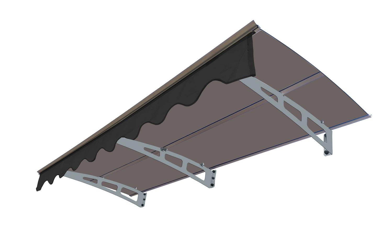 Smoky grey polycarbonate awning with decorative scalloped edge and silver brackets