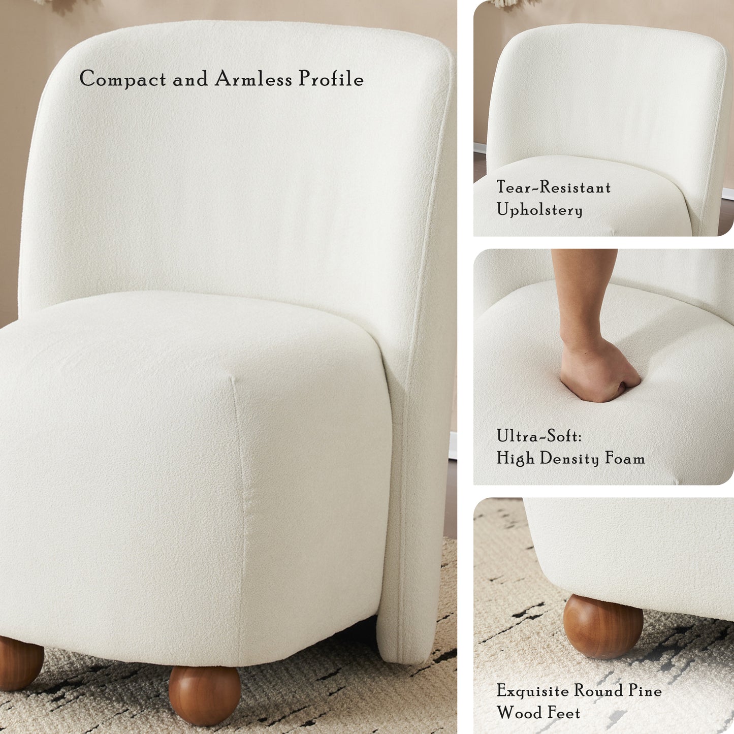 White boucle fabric accent chair with compact armless profile and wooden ball feet