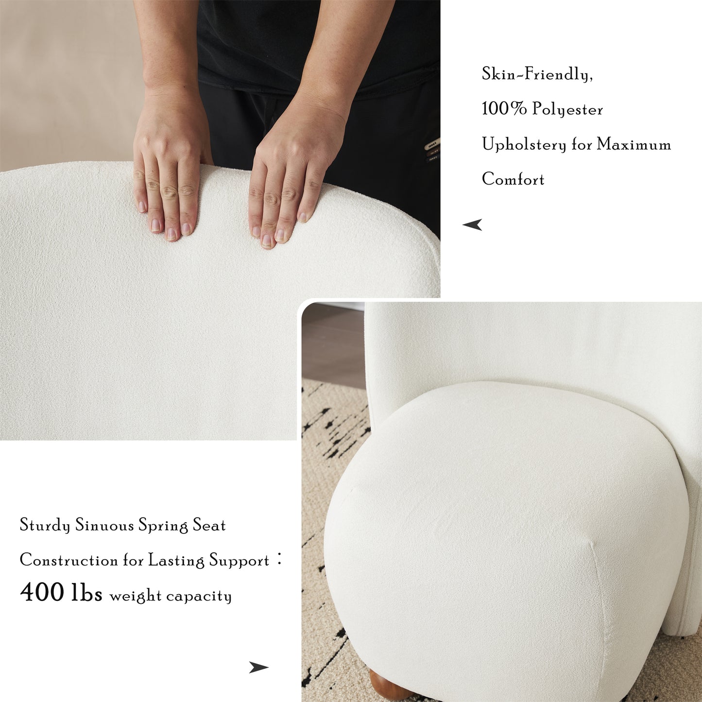 White armchair with plush polyester upholstery and sturdy spring seat construction