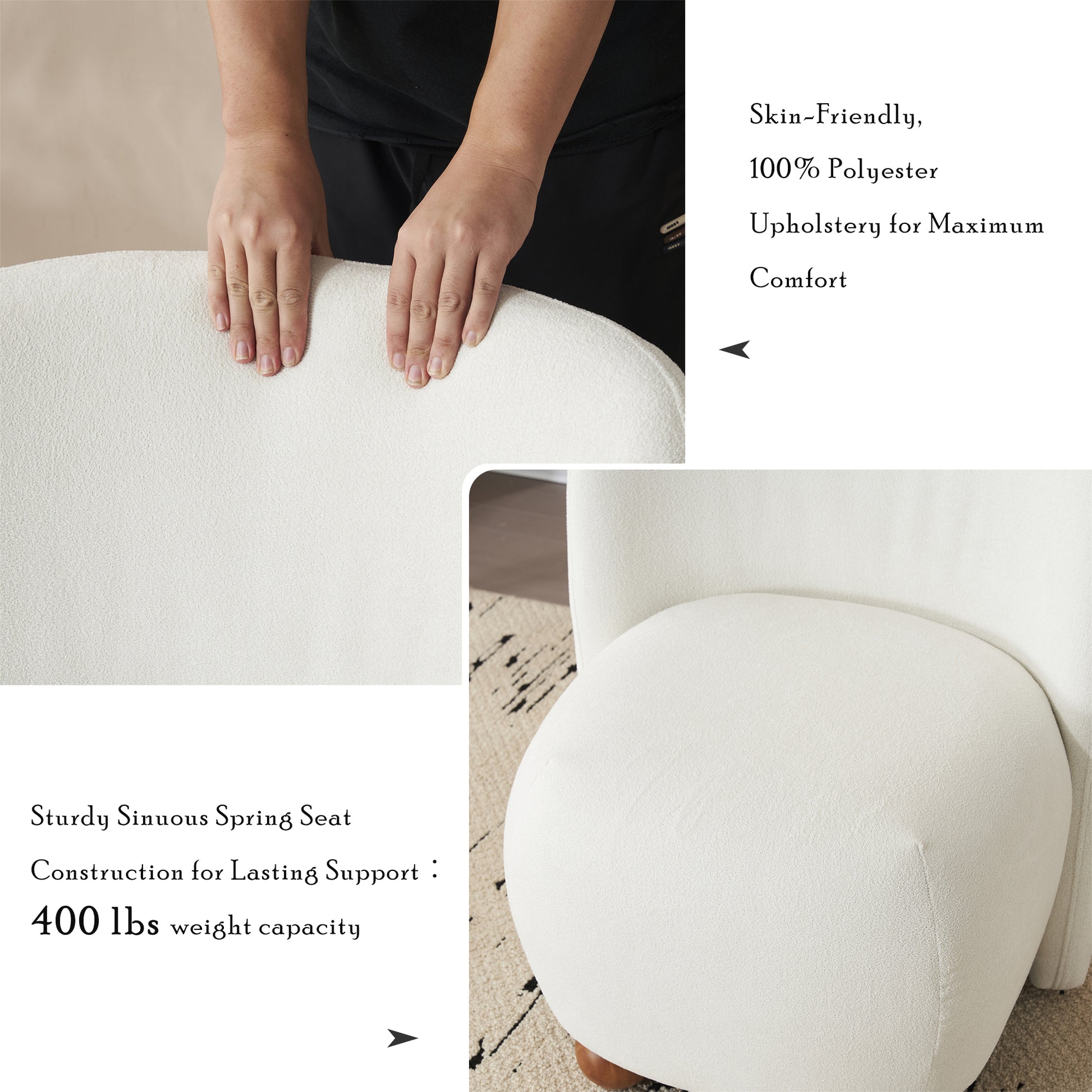 White armchair with plush polyester upholstery and sturdy spring seat construction