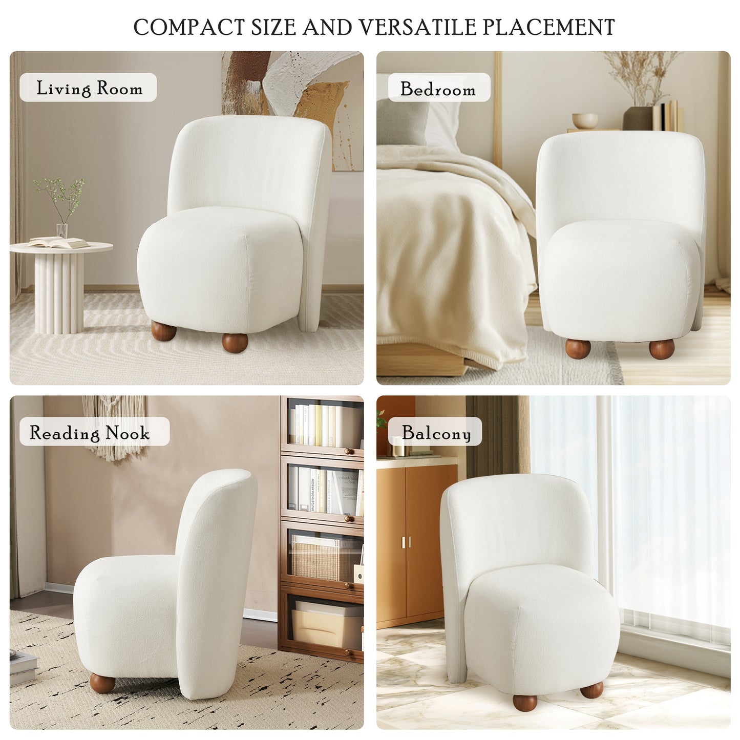 Plush white accent chair with rounded silhouette and dark wood feet ideal for living room