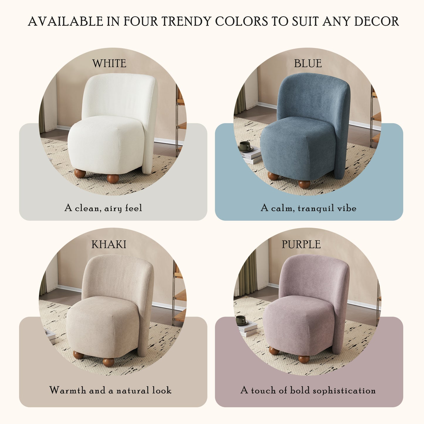 White boucle accent chair with wooden legs