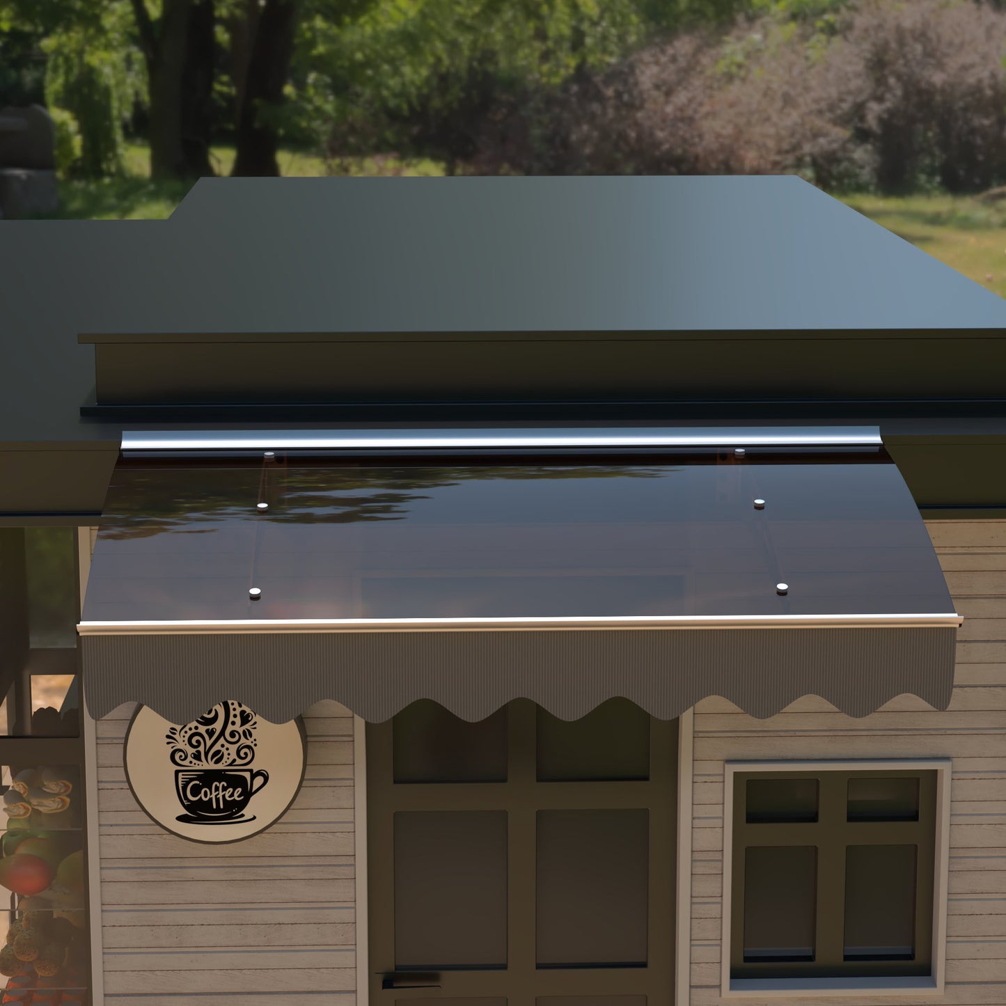 Modern glass awning with aluminum trim