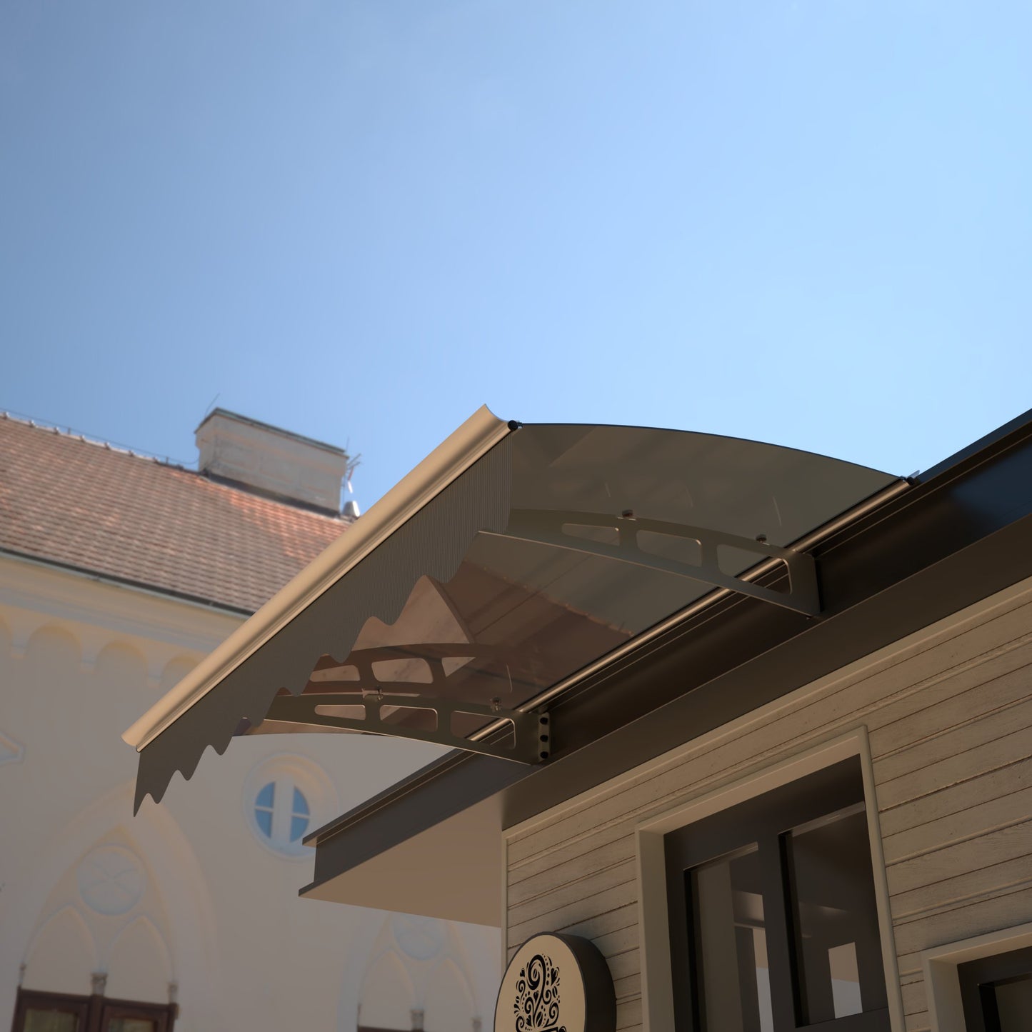 Modern clear polycarbonate door canopy with dark metal brackets protecting an entrance
