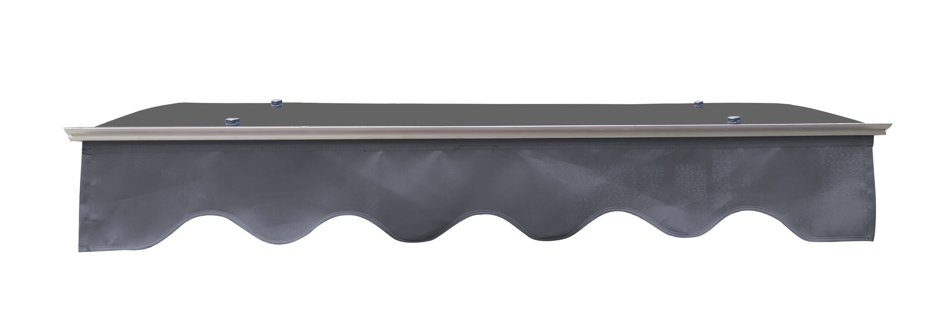 Dark grey fabric awning with scalloped edge and aluminum trim