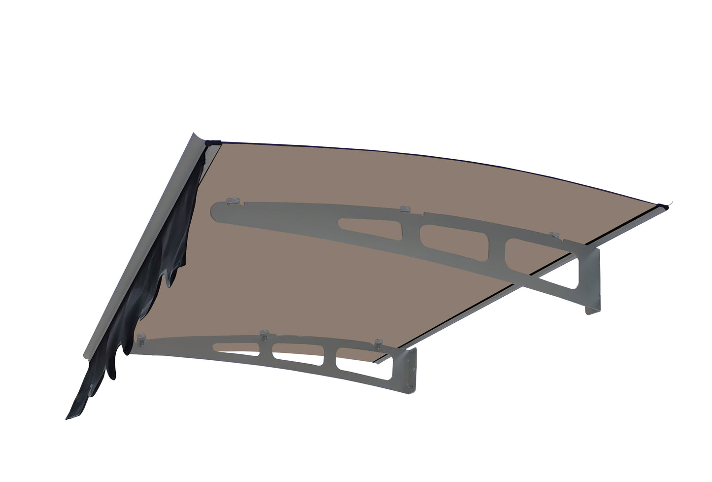 Curved brown polycarbonate awning with gray metal brackets for door protection