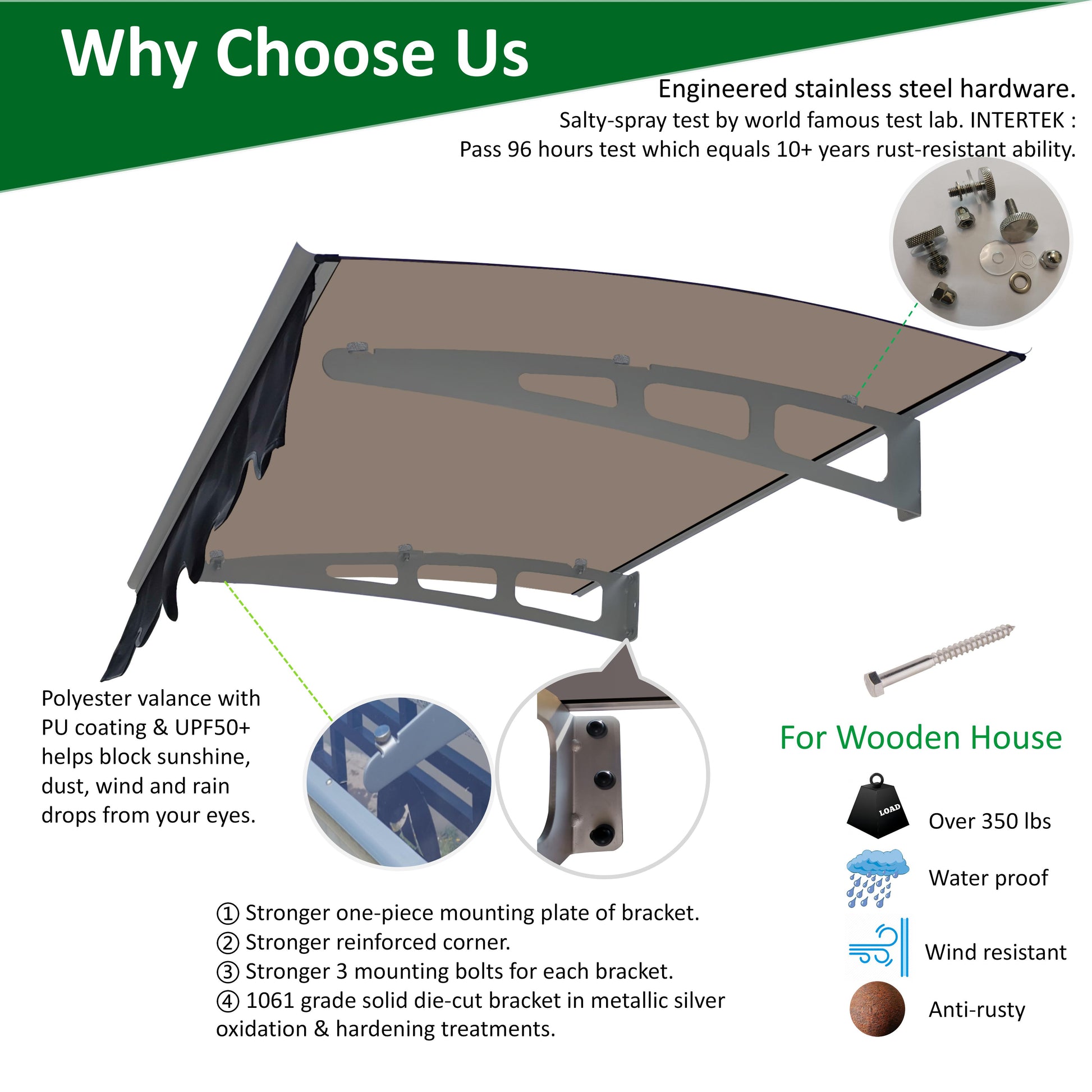 Brown polycarbonate awning with dark gray metal bracket system